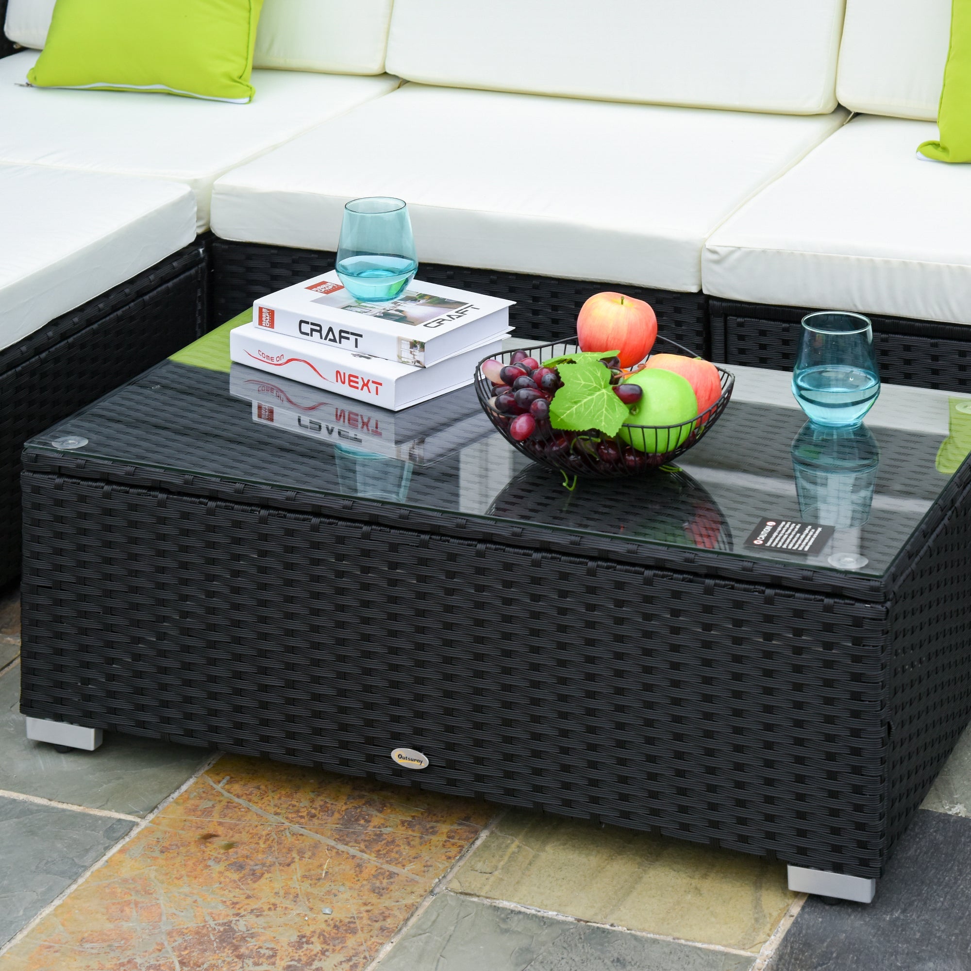 4-Seater Rattan Sofa Set Sectional Sofa Coffee Table with Cushions - Black