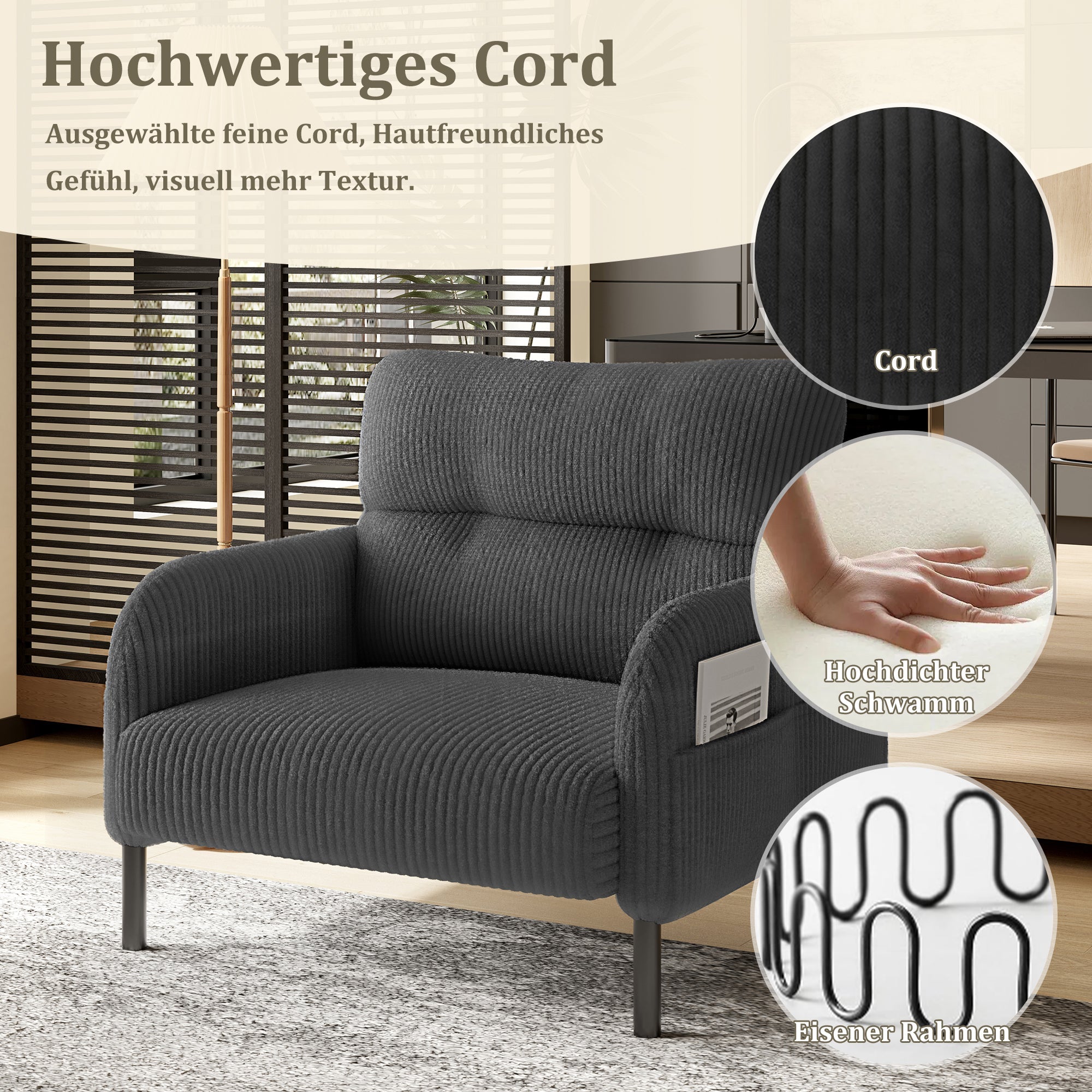 Sofa/Chair with Side Pockets, Comfortable Solid Structure, Velvet Fabric