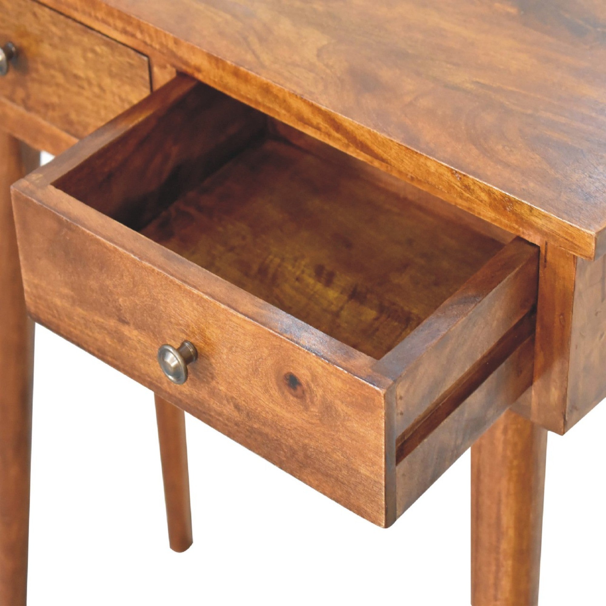 Solid Wood Mini Hallway Console, 2 Drawers, Nordic Legs, Chestnut Brown