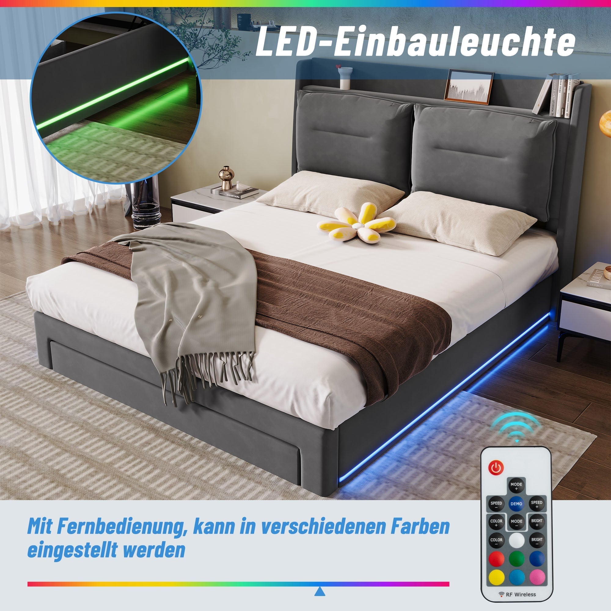 Upholstered Bed 180x200cm Hydraulic Storage LED Light Drawers - Velvet Dark Grey