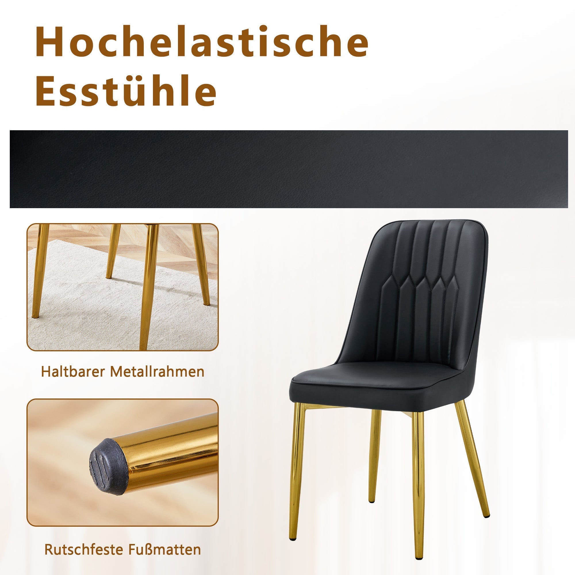 Dining Set 85cm Round Tempered Glass Table with 2 Black PU Chairs - Black/Gold