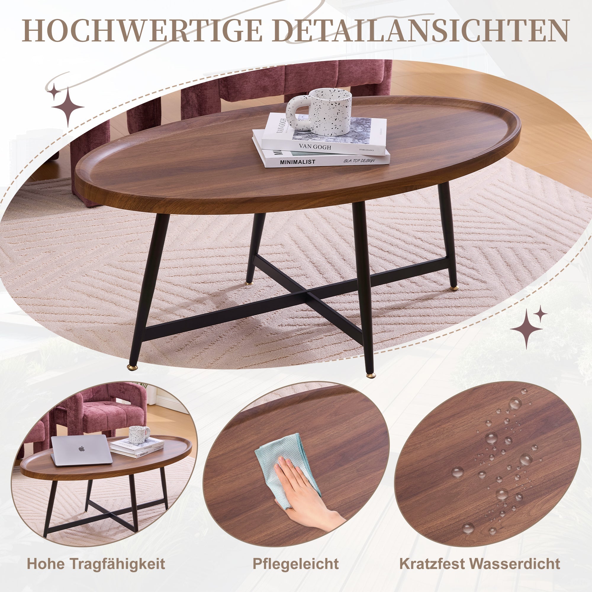 Oval Coffee Table Modern Minimalist Wood Metal Frame
