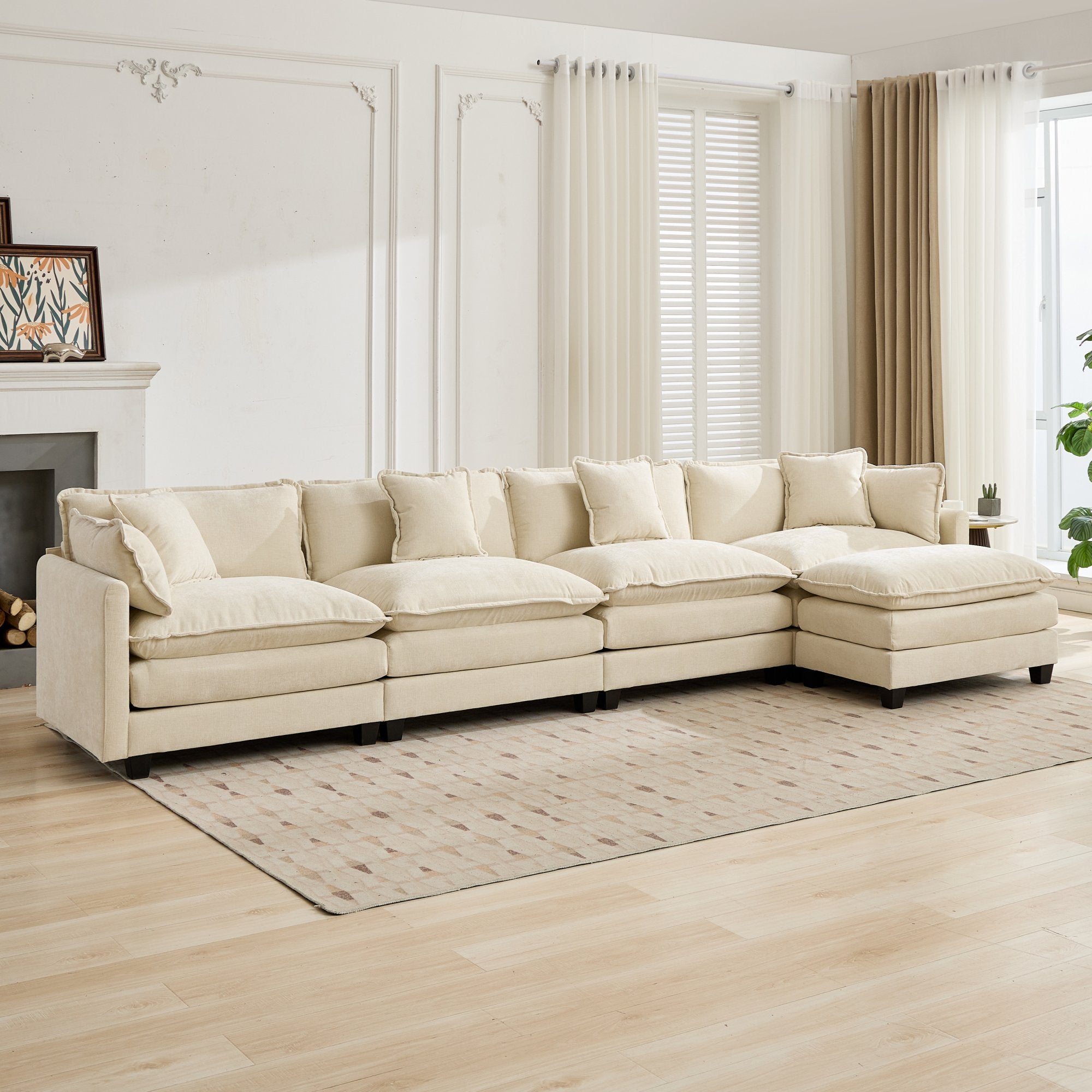 Cloud Sofa 4 Seats, Modern Sectional Couch with Double Layer Cushion, Beige Chenille Fabric