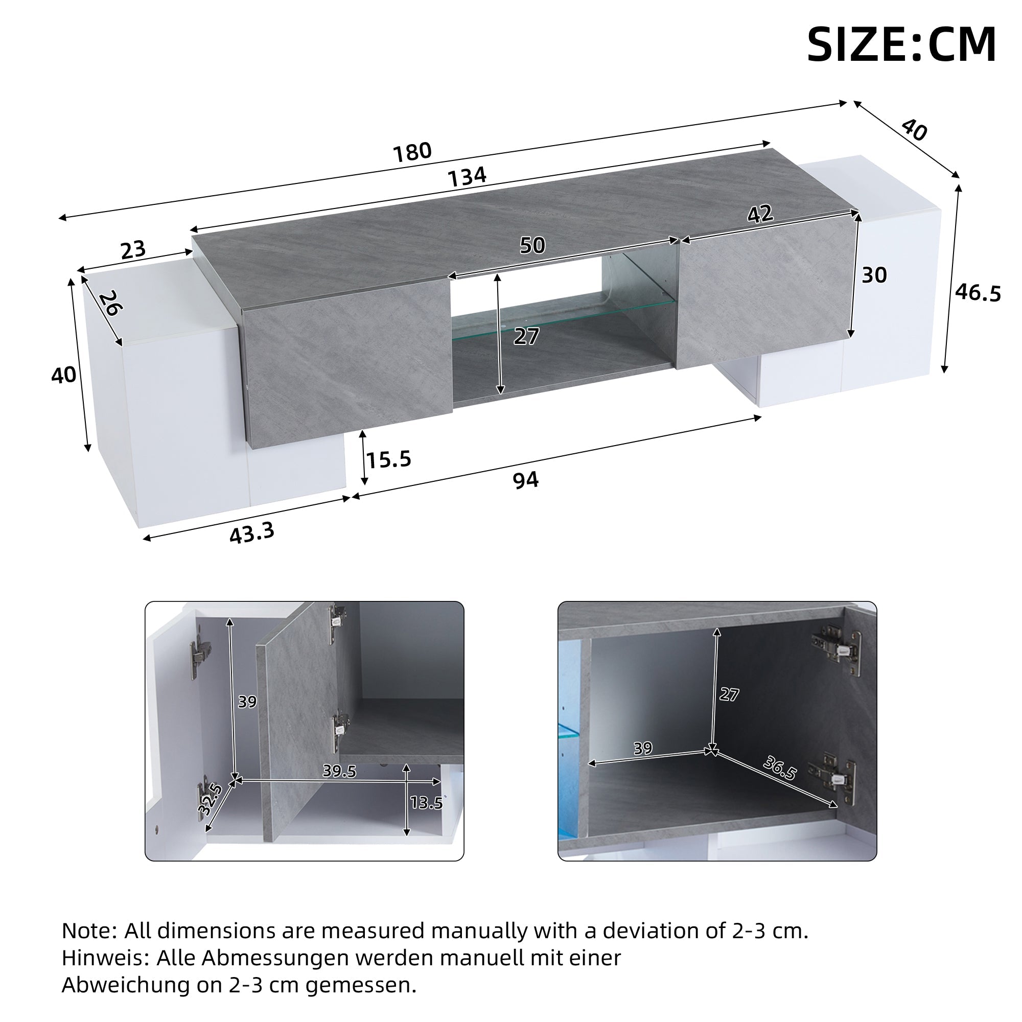 TV Cabinet 180*40*46.5cm, Lowboard with Bluetooth LED, White & Gray