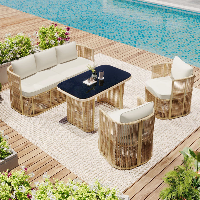 4-Piece Garden Furniture Set with 3-Seater Sofa, 2 Armchairs and Glass Table, PE Rattan and Steel