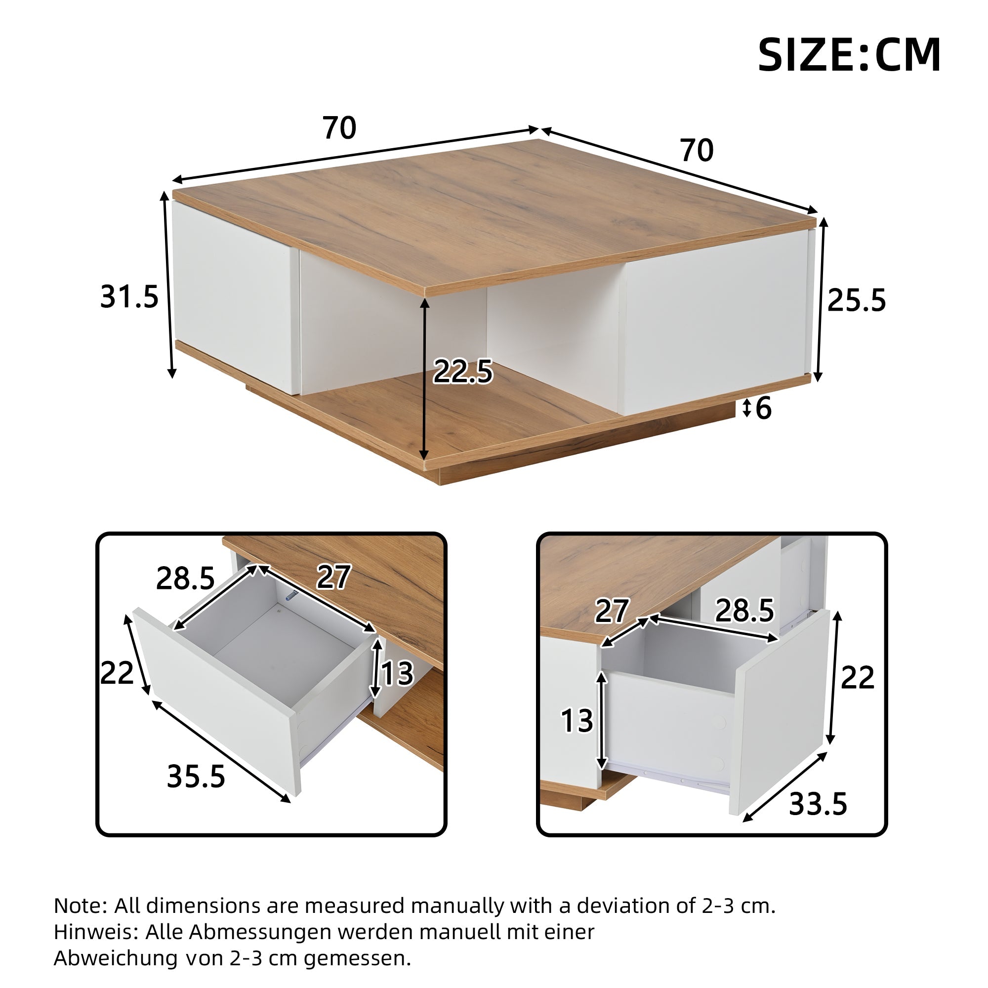 Coffee Table 70x70x31.5cm, 3 Drawers, High-Gloss, White & Original Wood Color