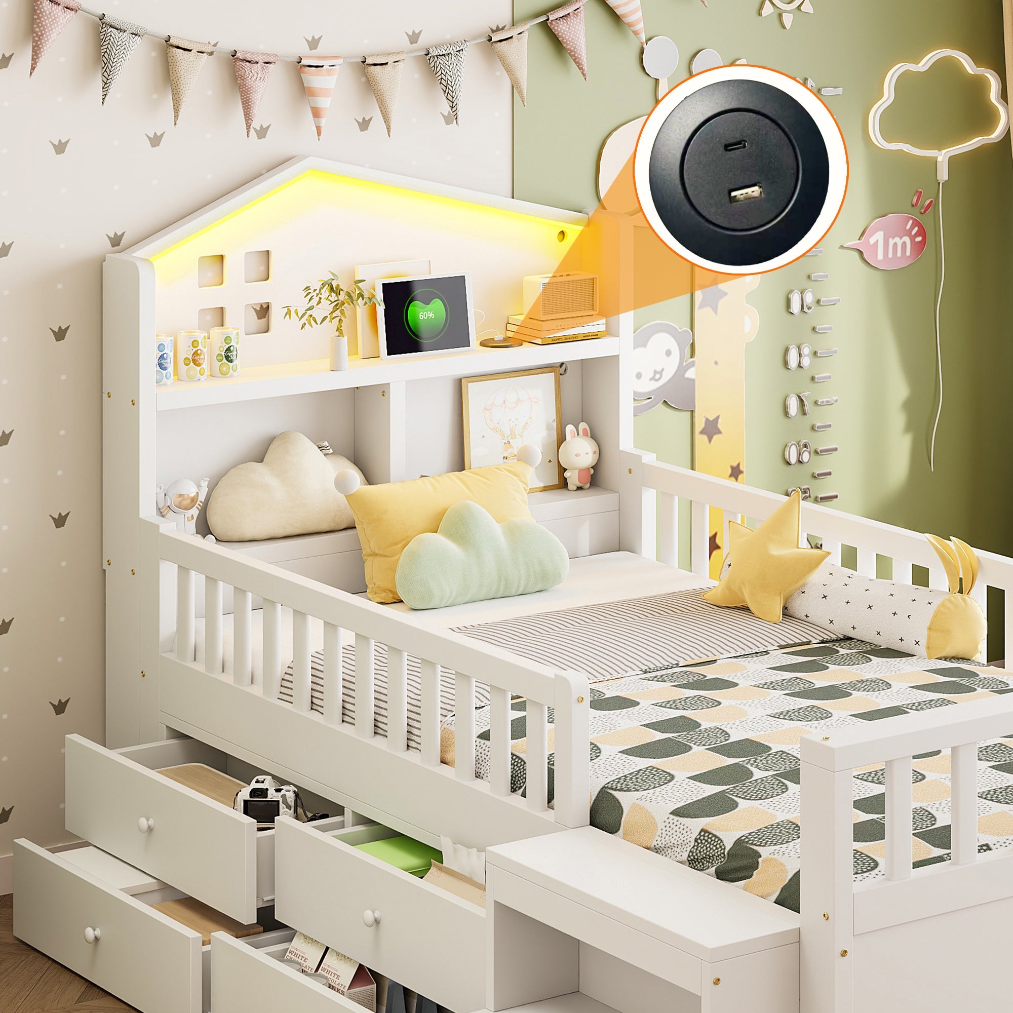 Children's Single Bed with 4 Storage Drawers, LED Lights, USB and Type-C Charging Ports, 90x200cm, White Solid Wood