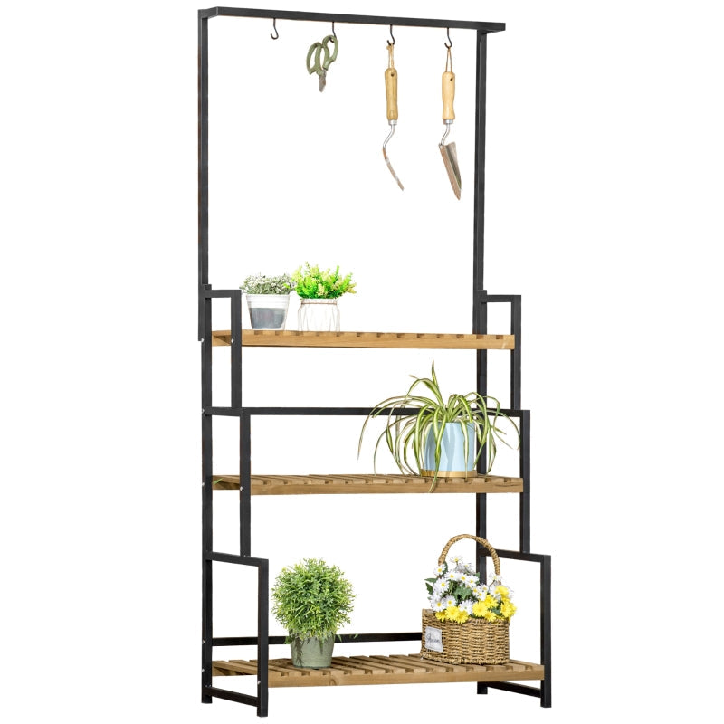 Plant Stand with 3 Tiers and Mounting Hooks, Natural Wood