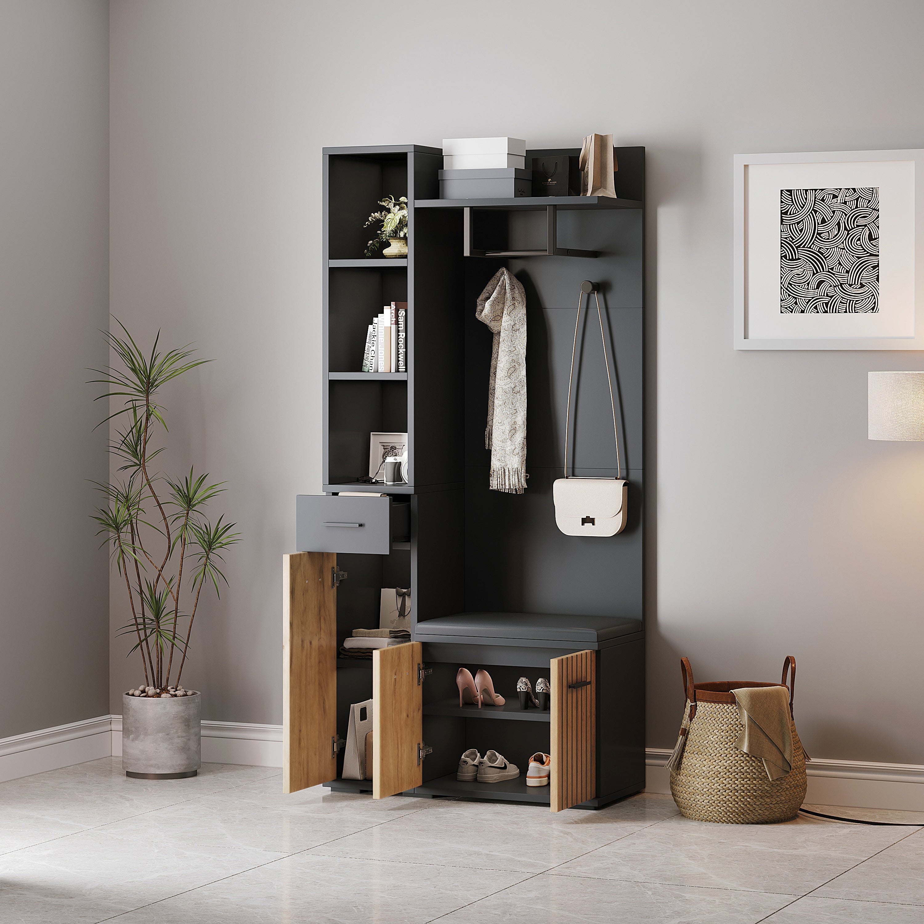 Compact Wardrobe 80*35*175cm 2 Cabinets Coat Rack Shoe Bench Upholstered, Black + Wood Color