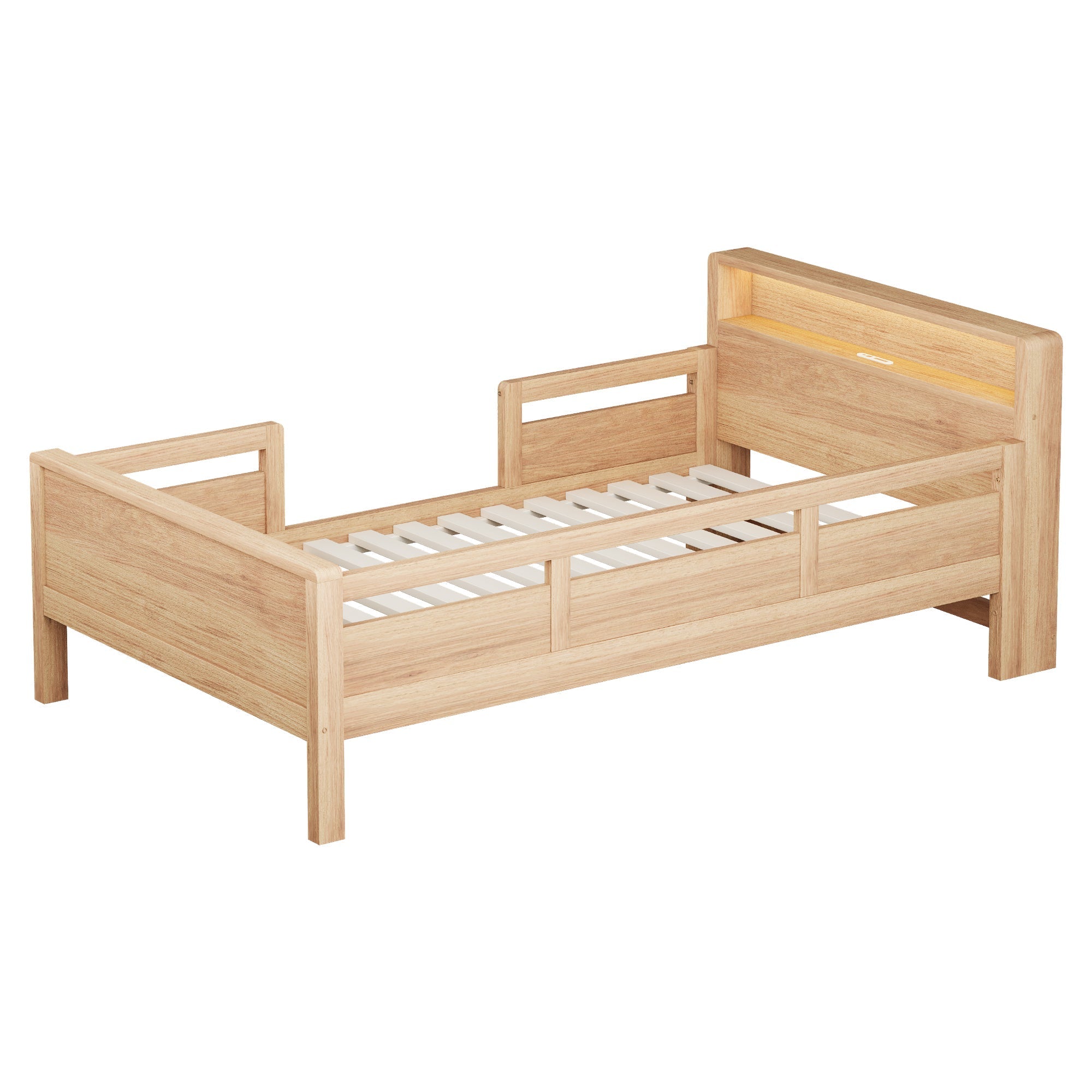 Wooden Bed, 90x200cm USB/Type-C, LED Light, Storage Headboard, Pinewood