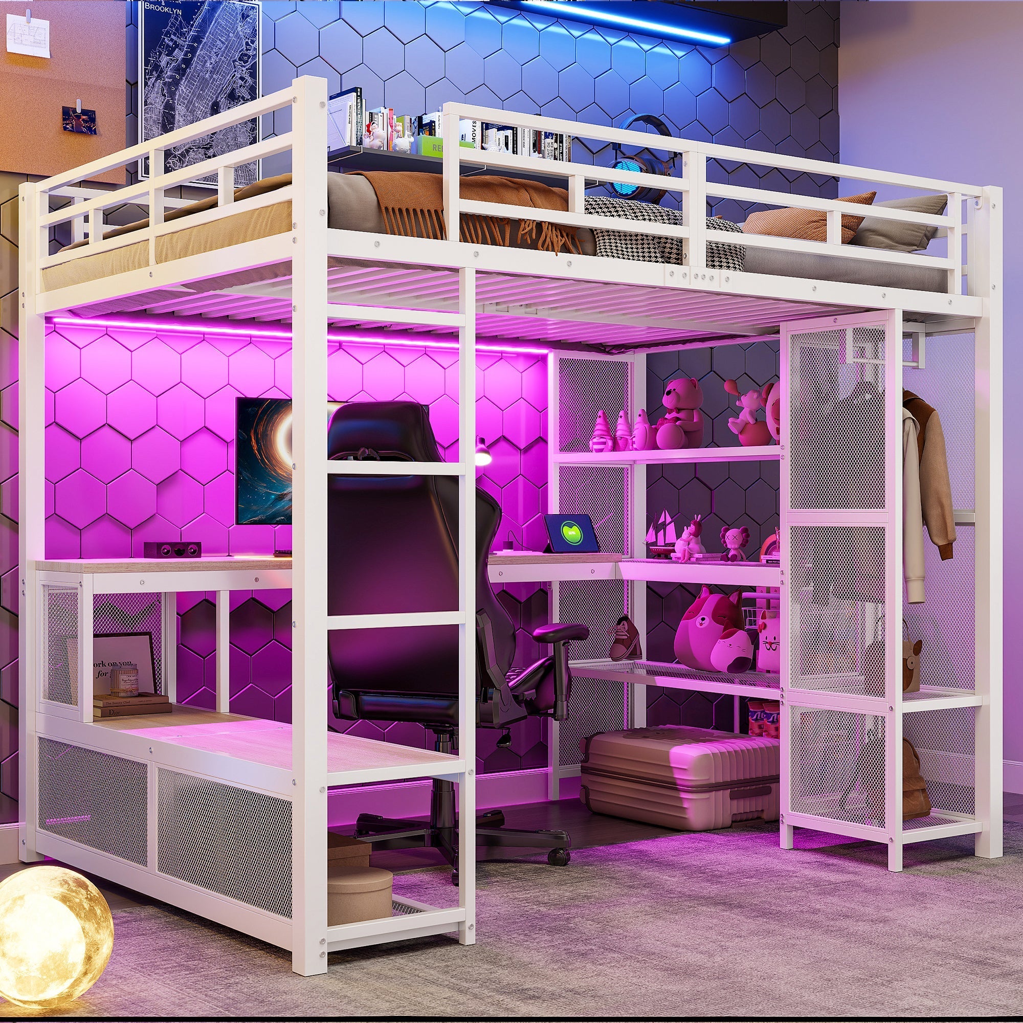 Metal Loft Bed with Wardrobe, USB Port and LED Lighting, White