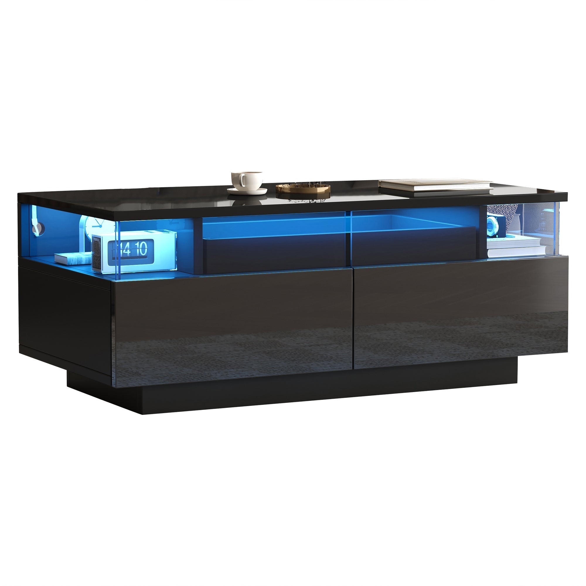 Coffee Table with Tray, High-Gloss, 2 Drawers, Tempered Glass, LED Light, Black