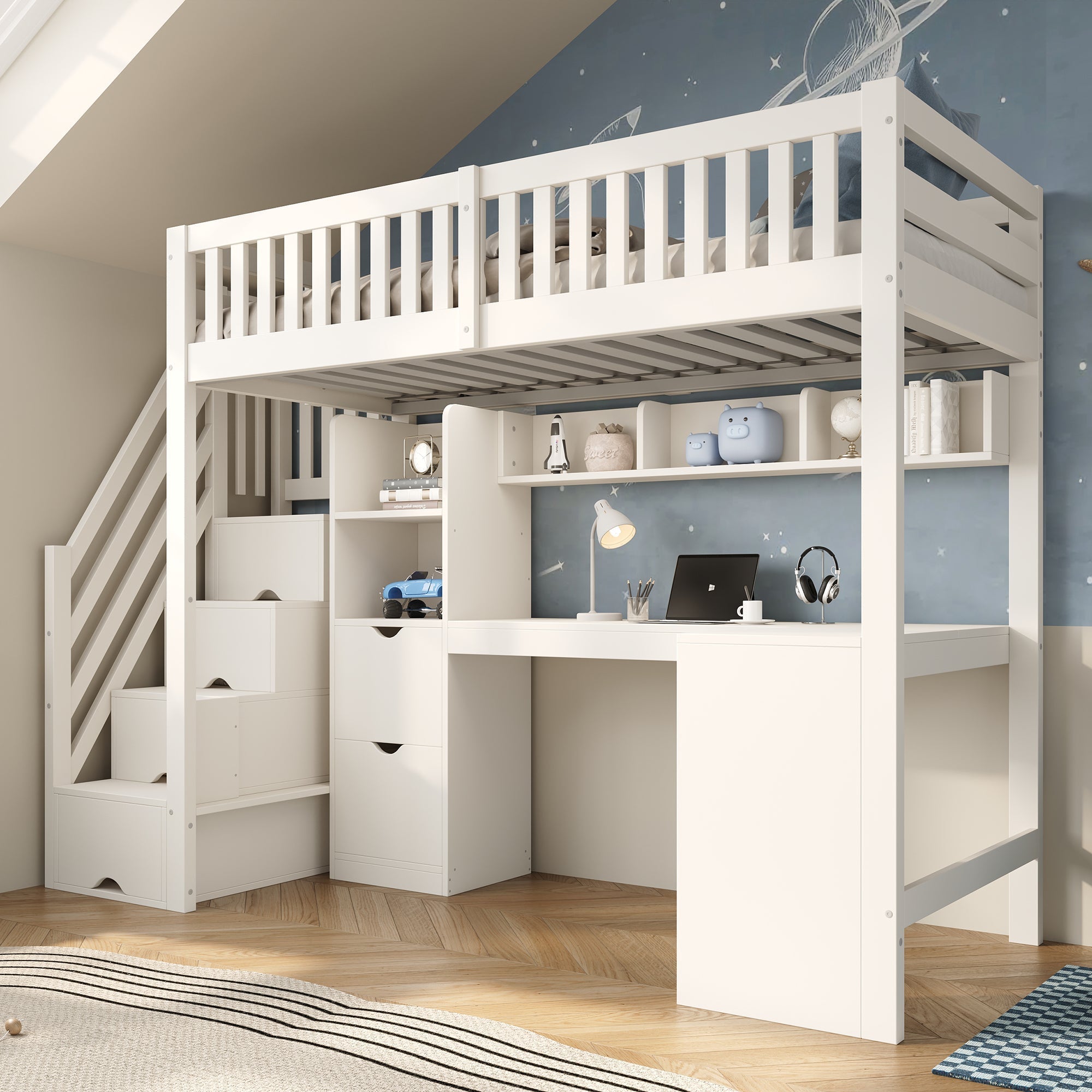 Children's Bunk Bed with Staircase, Corner Desk and Storage, White Pine Wood