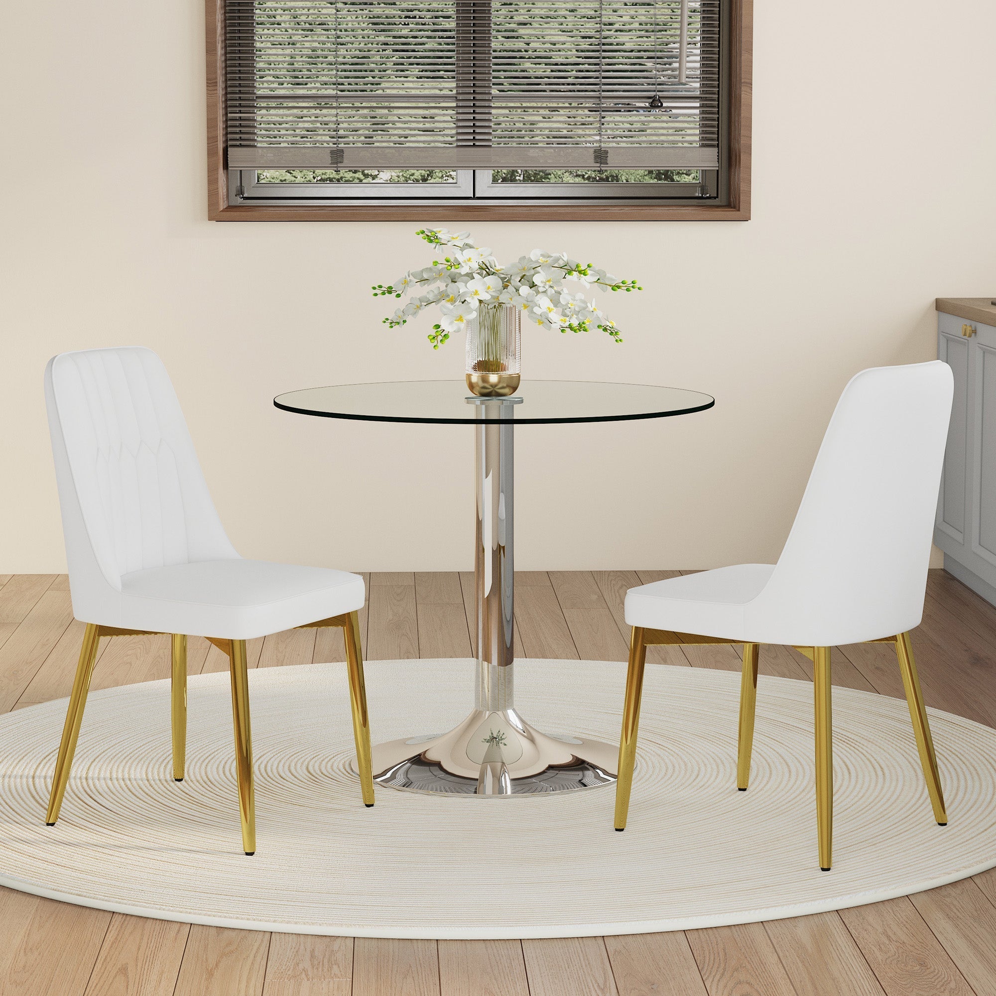 Dining Table Set - Modern Minimalist 85cm Tempered Glass Table & 2 PU Chairs - White & Gold