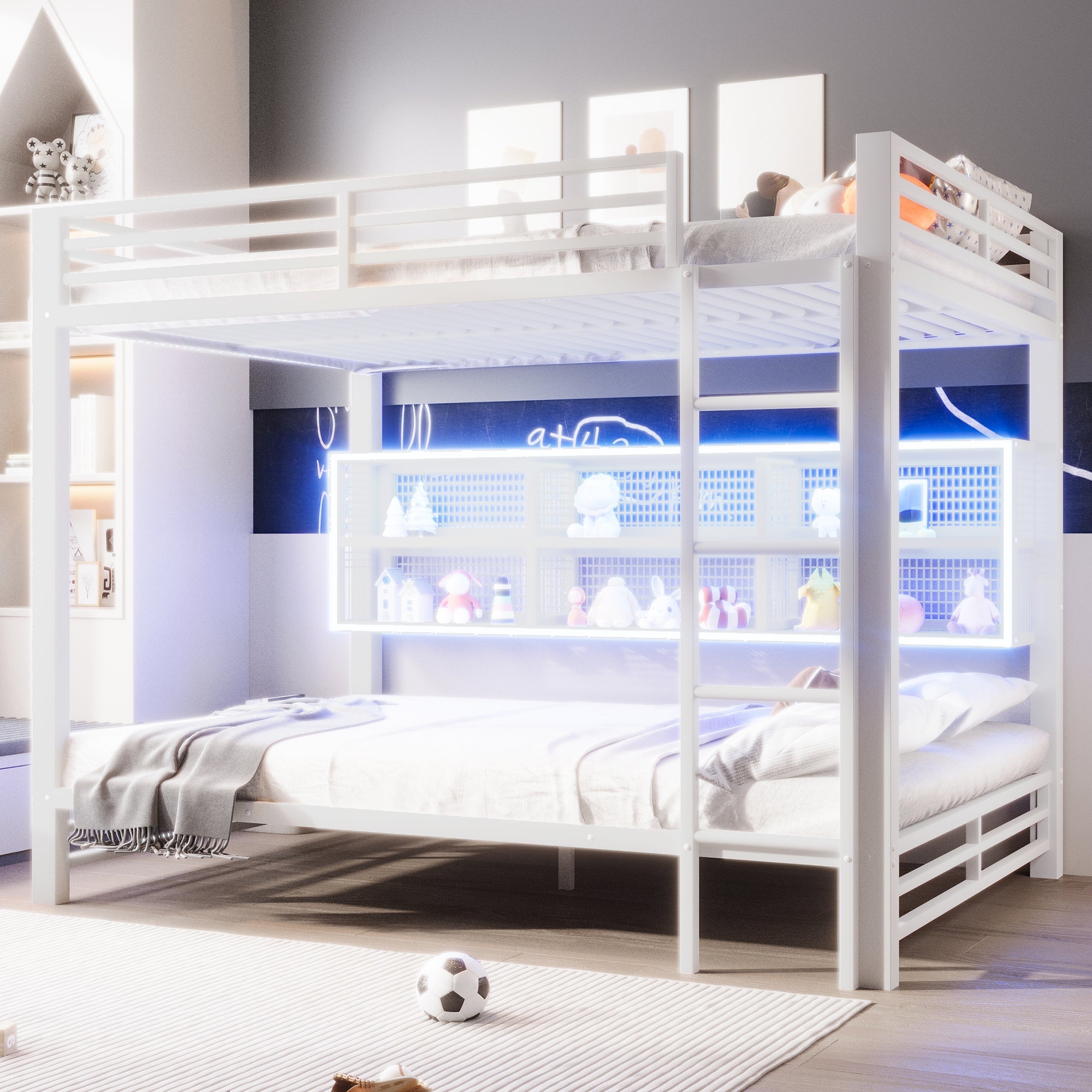 140x200 Bunk Bed with Storage Cabinets and LED Light, White