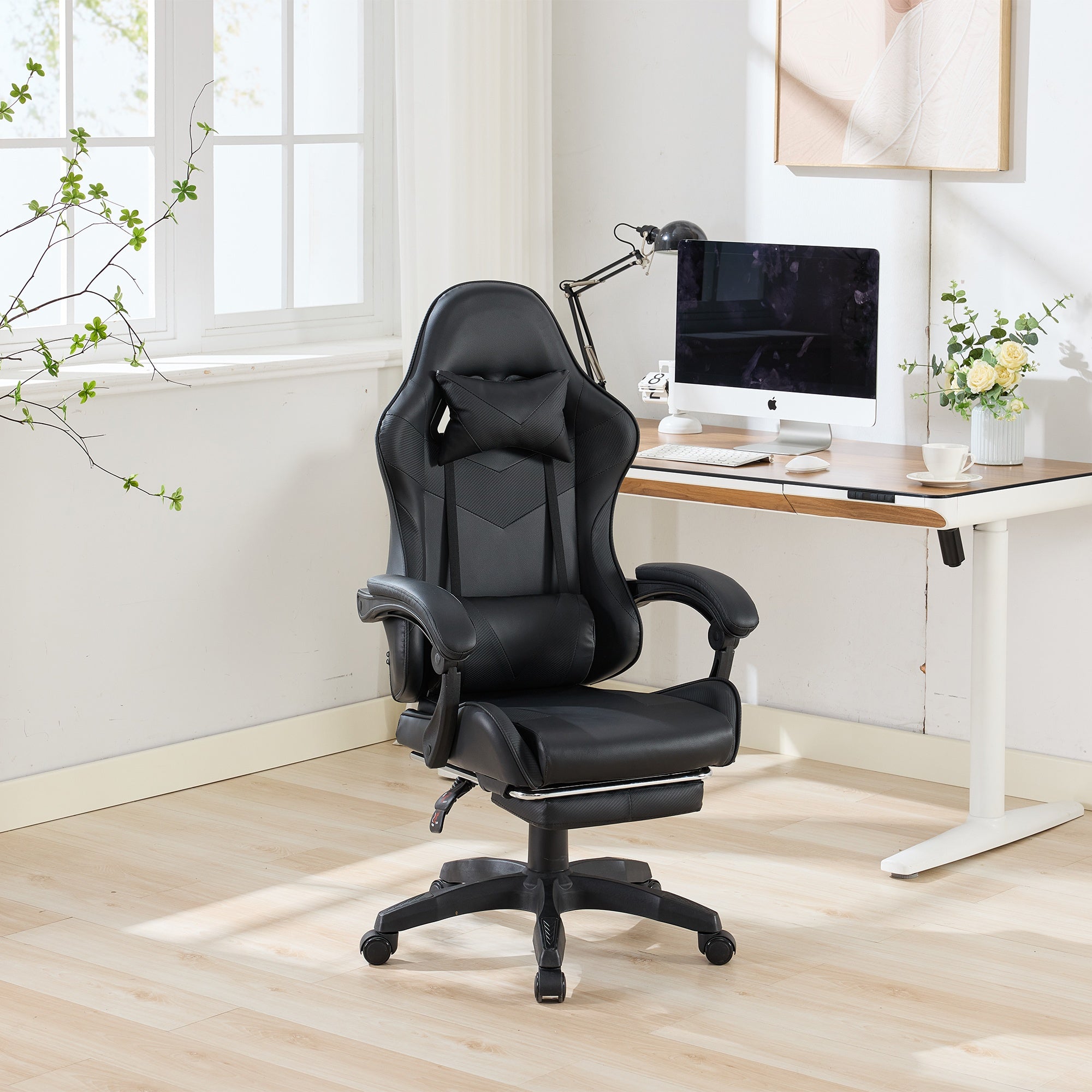 Gaming Chair Ergonomic Racing High-Back Swivel Adjustable Footrest Headrest Lumbar Support Leather Black