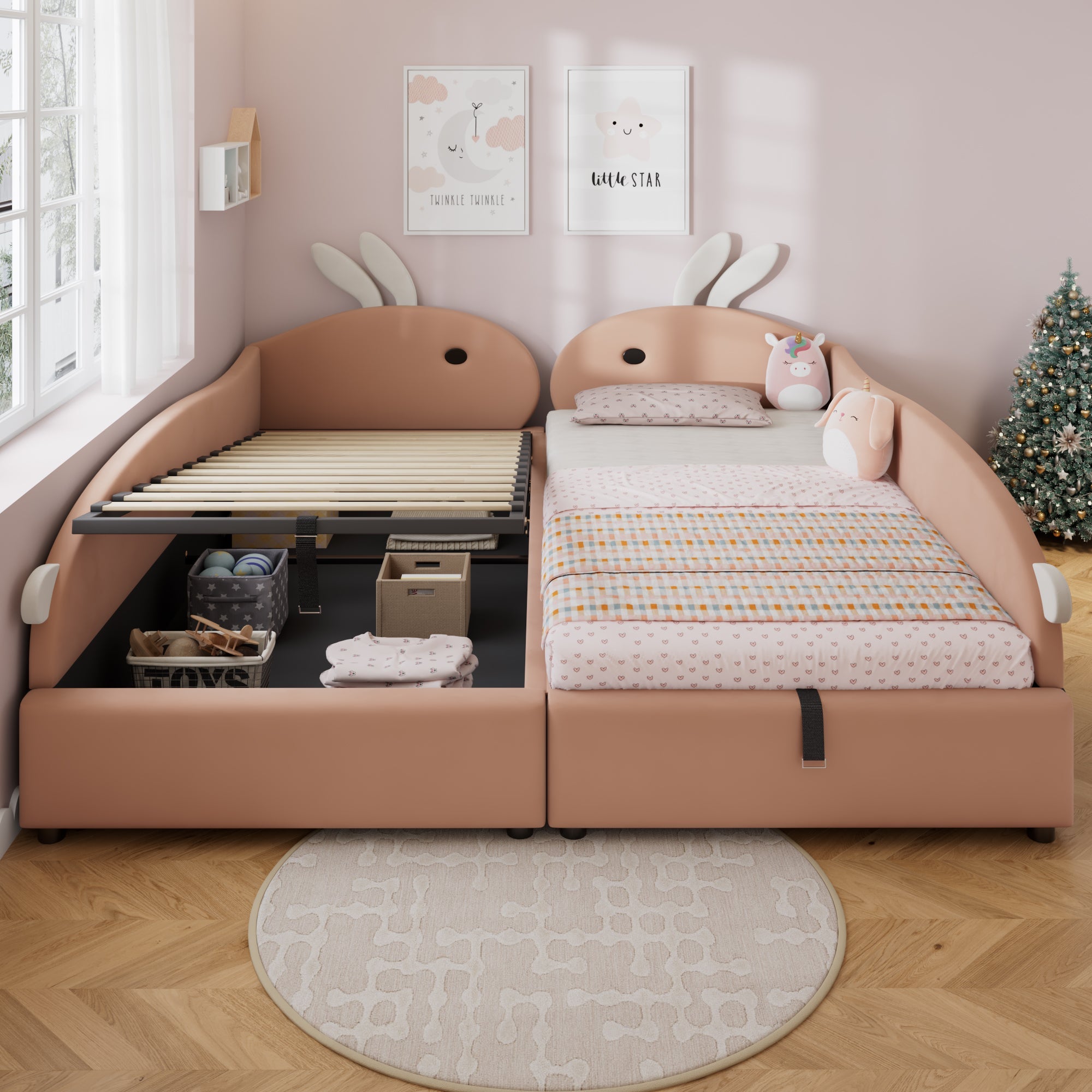 Upholstered Bed, Children's Hydraulic with Bunny Headboard & Storage, Velvet Pink+White