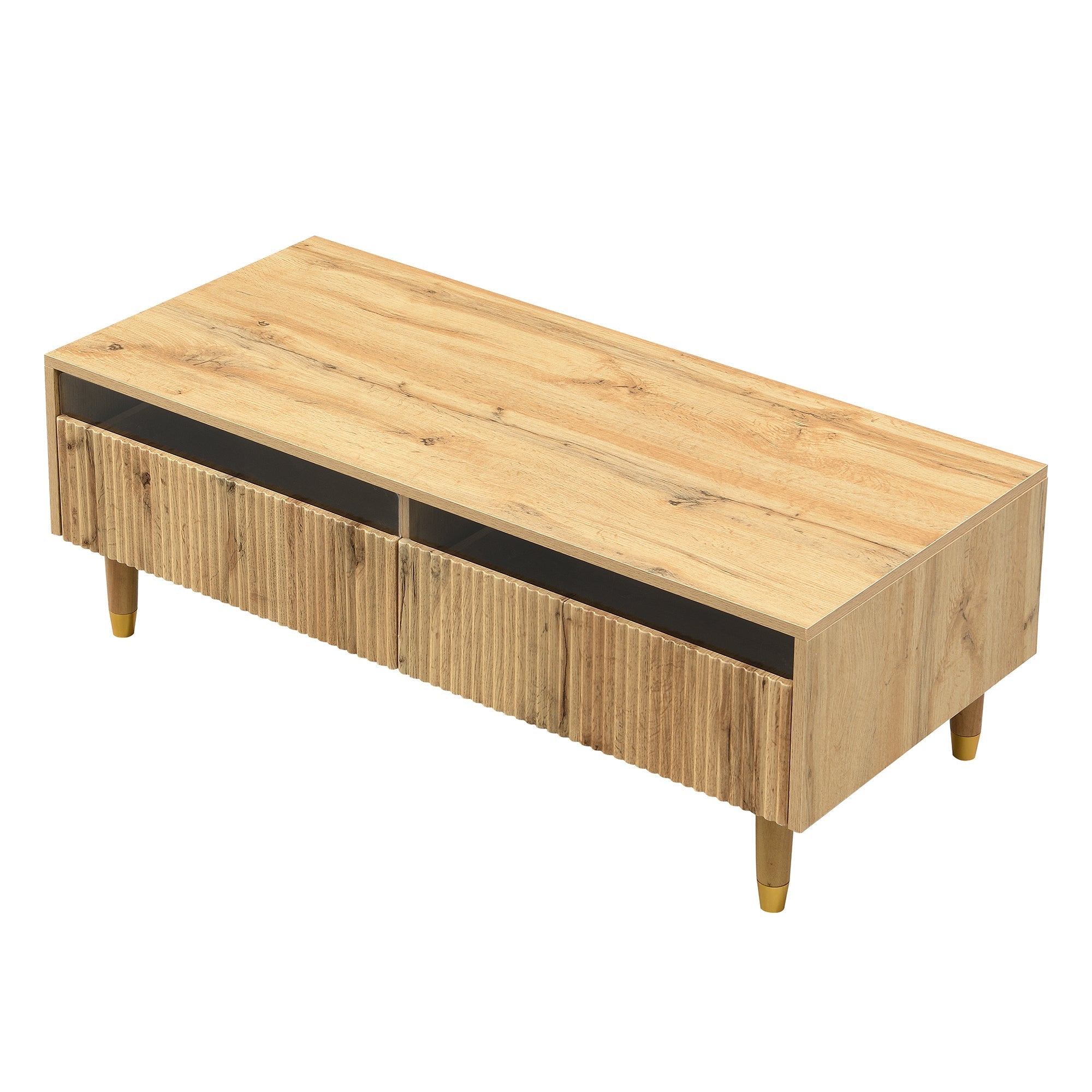 LED coffee table with wavy drawer top, two drawers, gold-wood