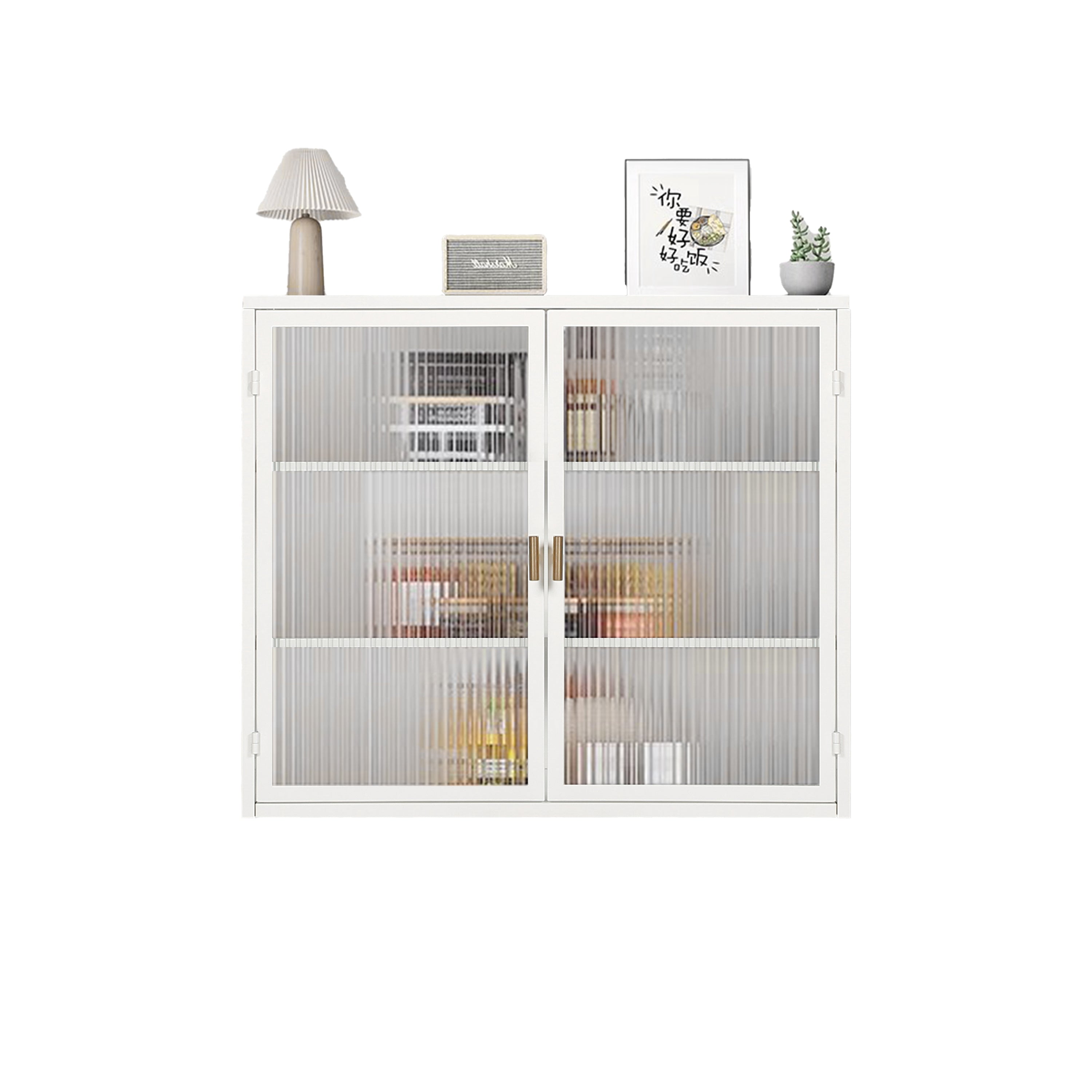 70CM Glass Doors Modern Two-Door Wall Cabinet with Three-Tier Storage White