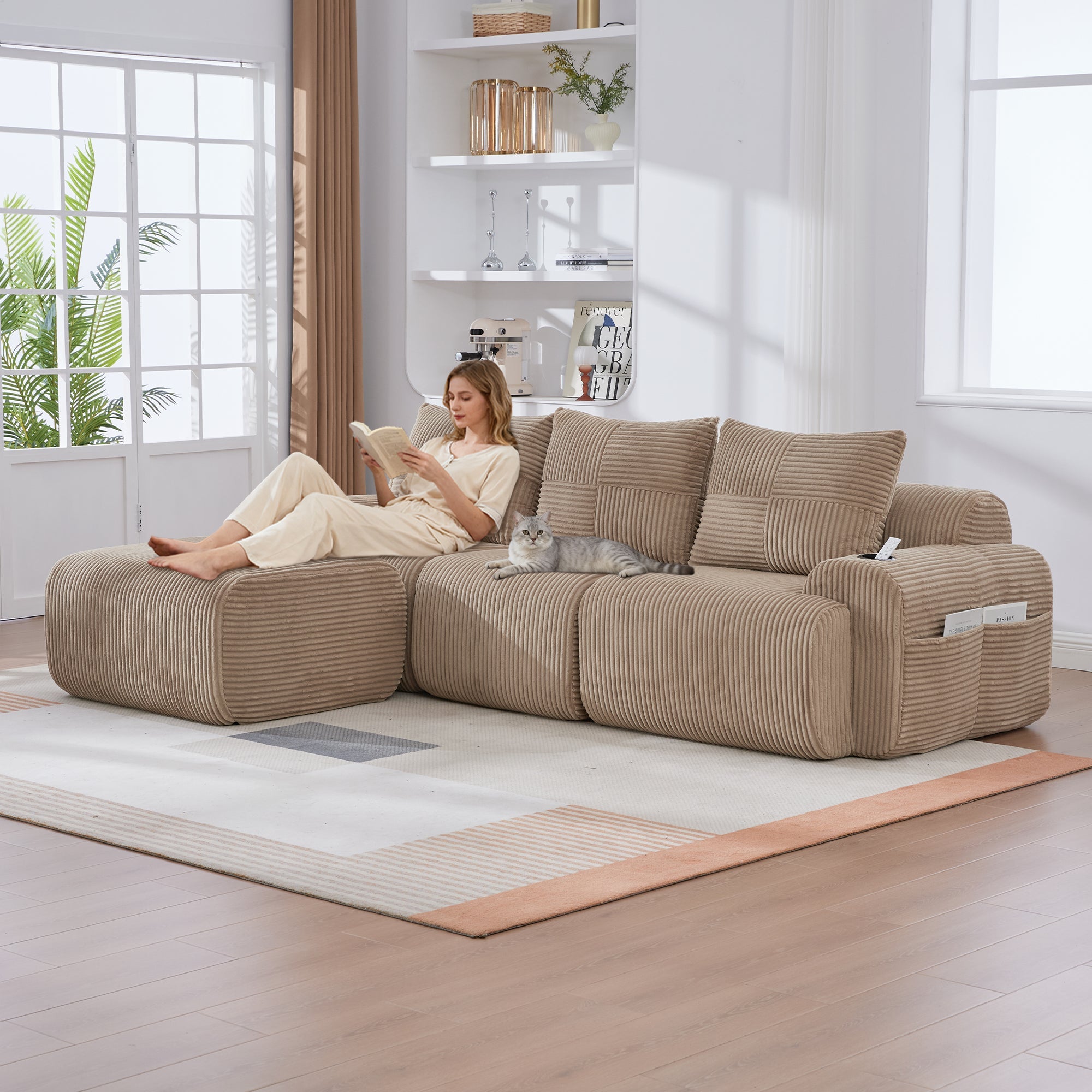 3-Seater Modular Sofa with Ottomans and Cup Holders, Khaki Corduroy