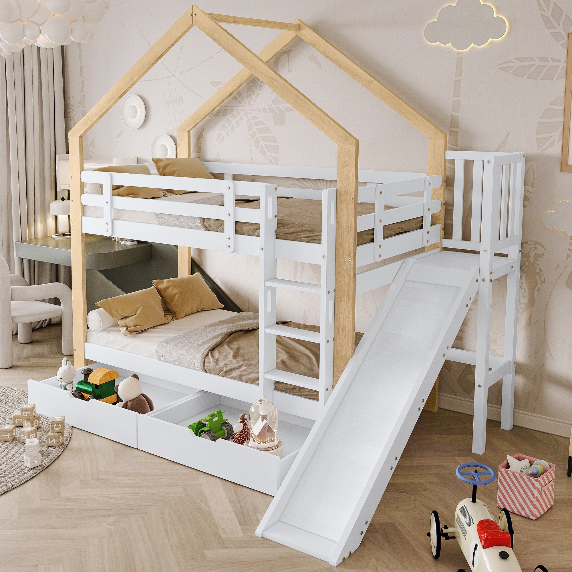 Bunk Bed House with Slide, Ladder, Safety Rail, 2 Drawers, 90x200cm, Solid Wood White/Natural