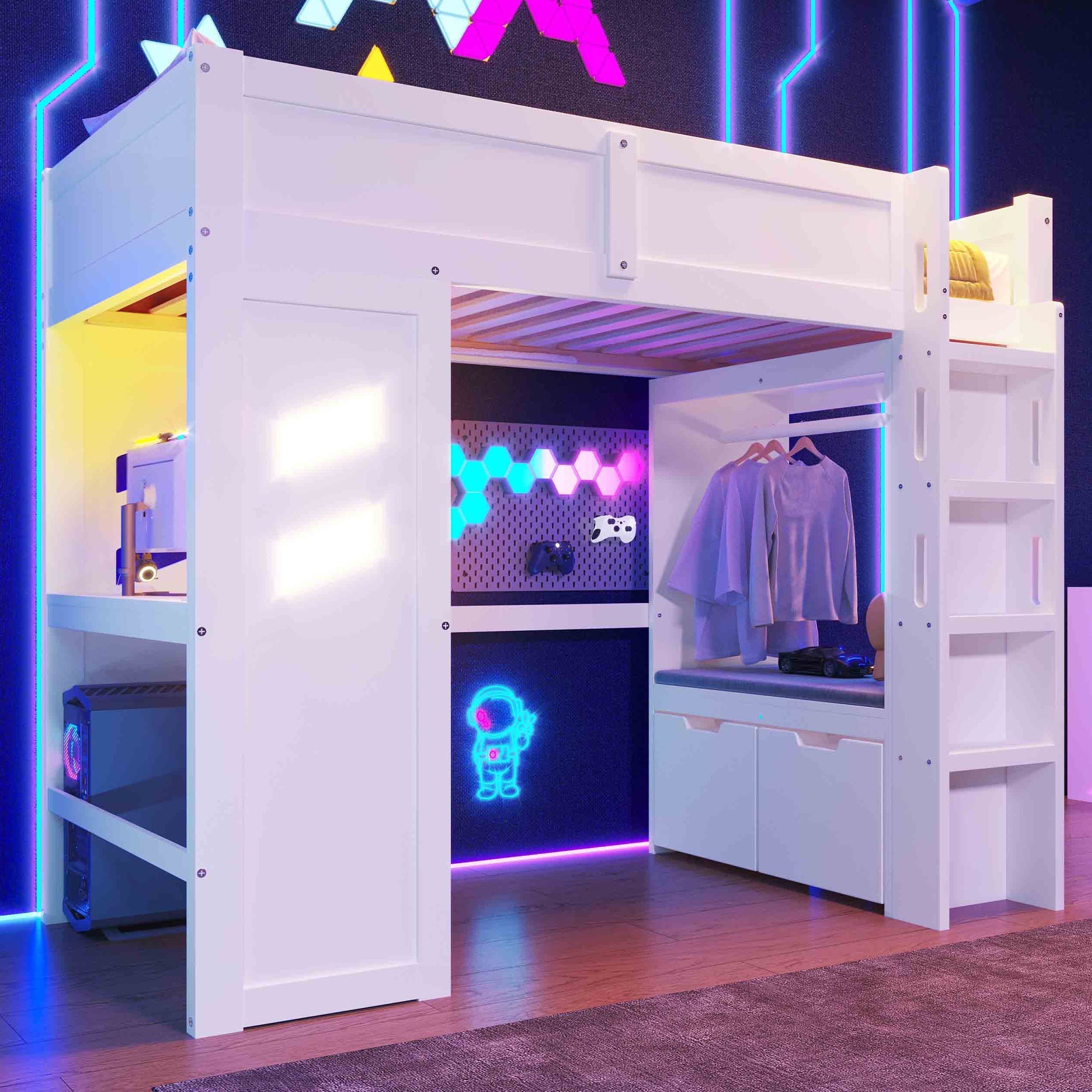 Loft Bed 90x200cm Gaming Bed Desk LED USB/Type-C Drawer Clothes Rack White