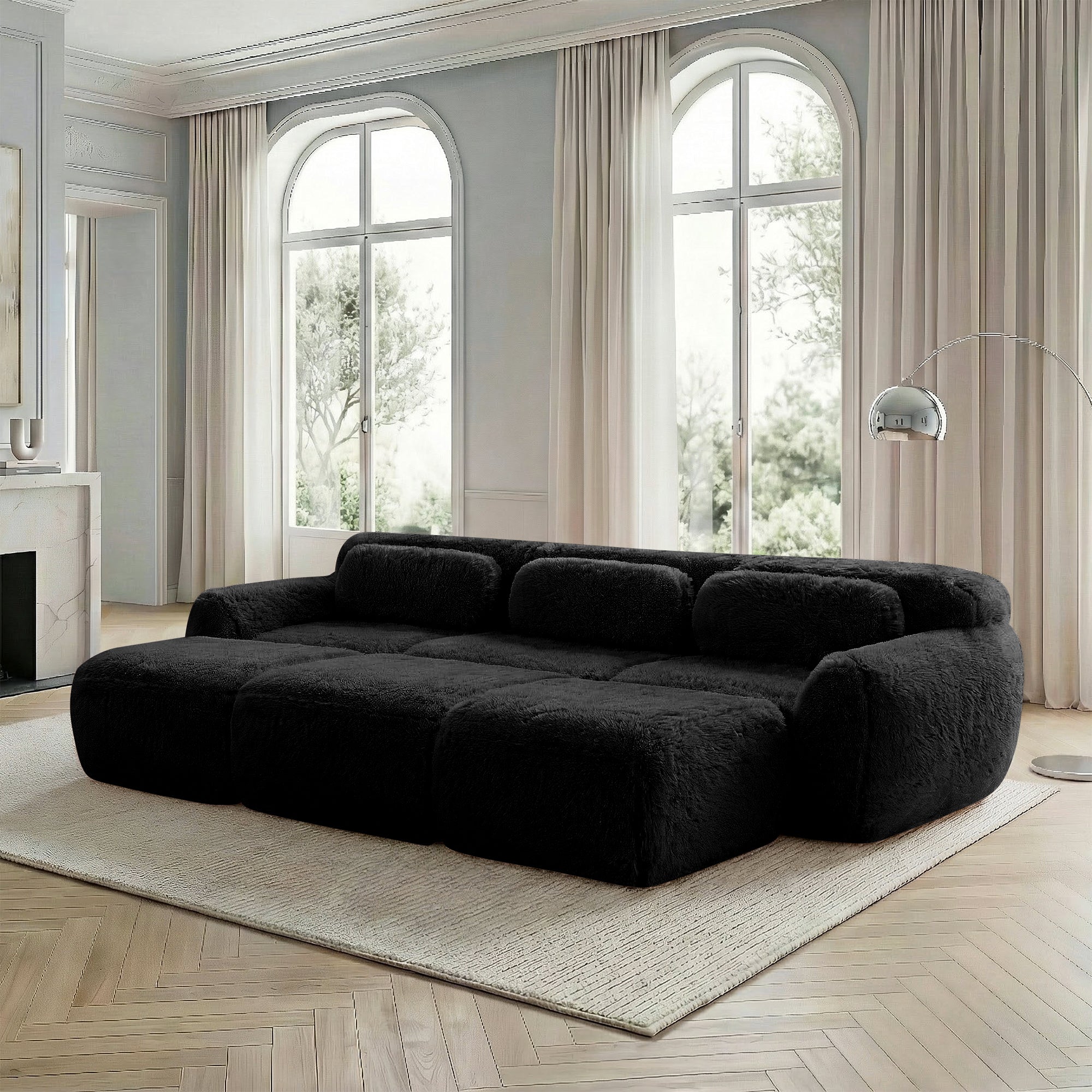 Boneless Cloud Sofas Modular 3-Seater Sleeper Sofa with 3 Ottomans Black Soft Plush Fabric