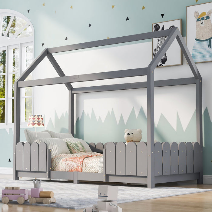 House Bed 90x200cm Versatile Children's Bed with Fall Protection and Slatted Frame, Grey
