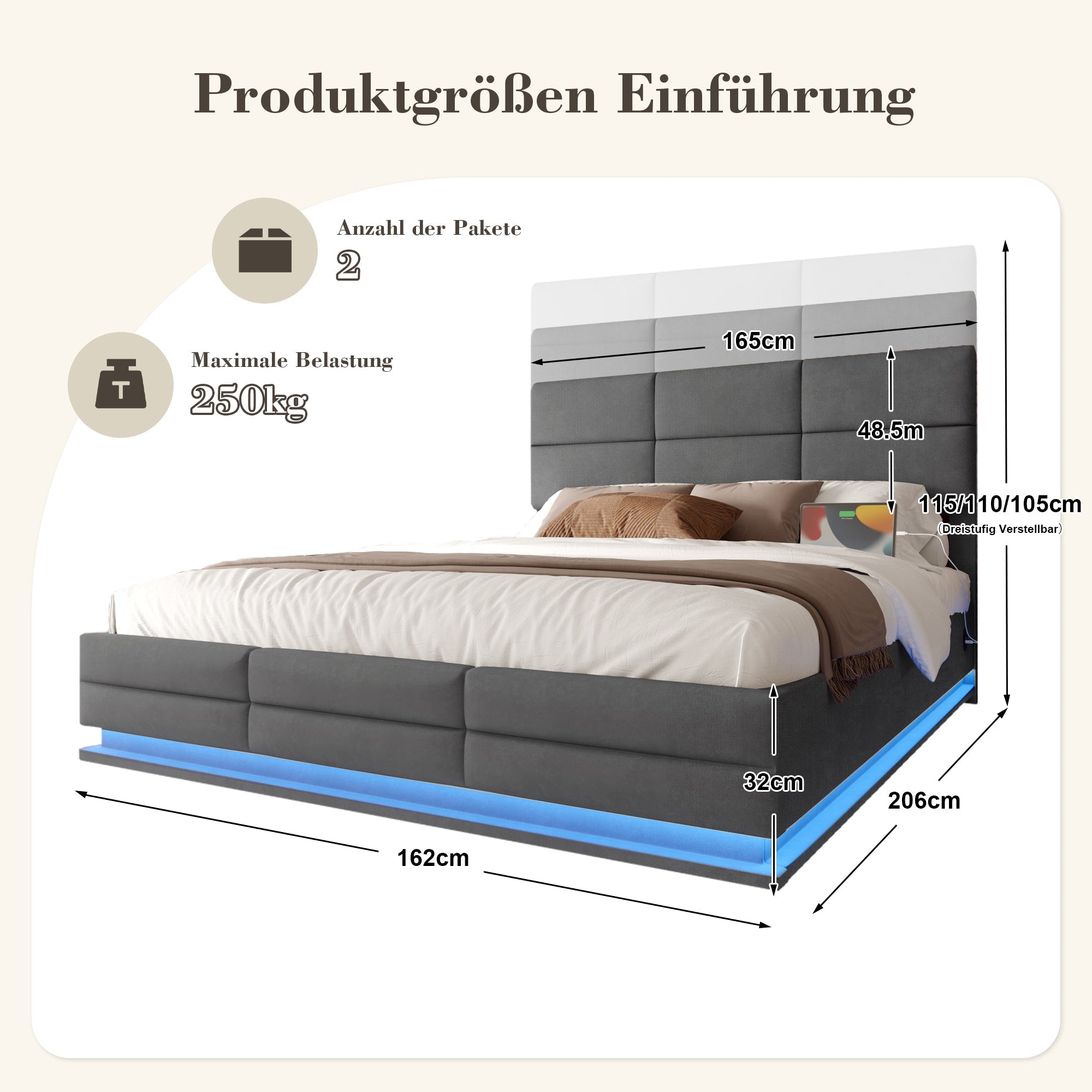 Upholstered Bed 160x200cm Hydraulic Storage Adjustable Headboard LED USB/Type-C - Velour Grey