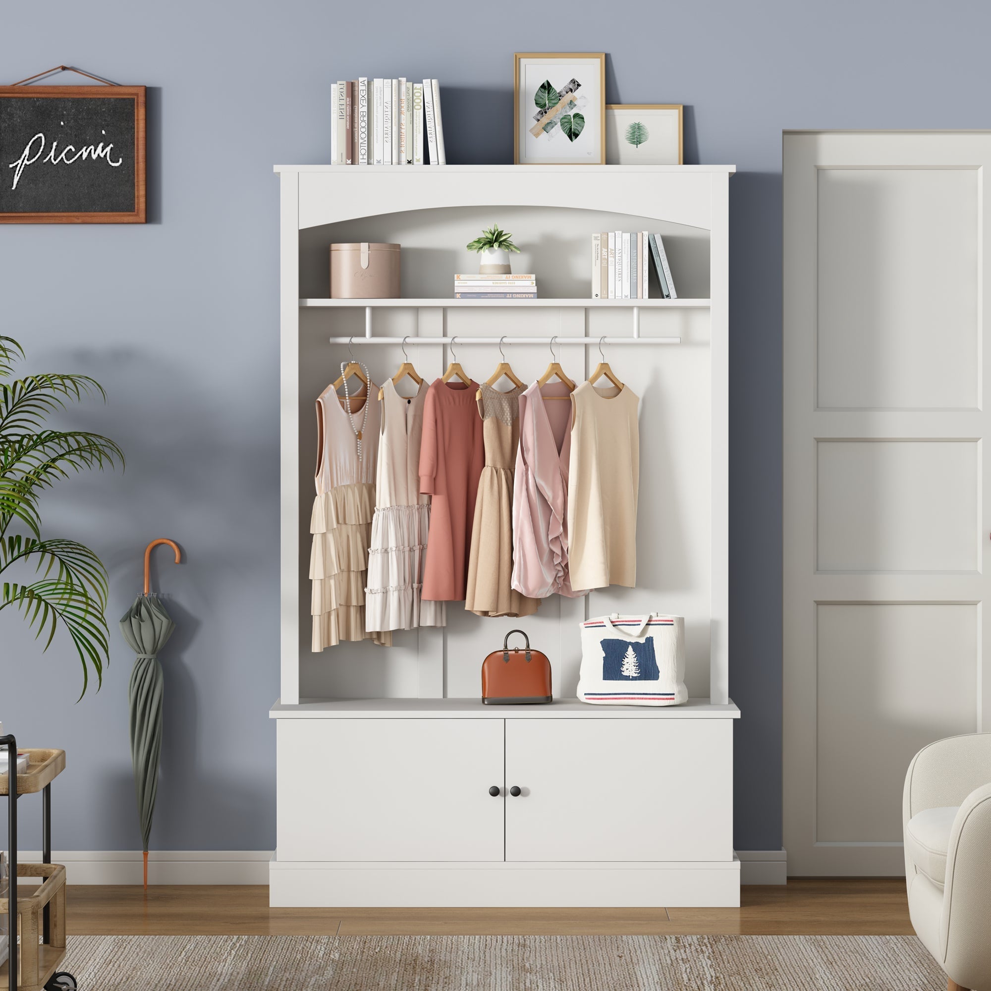 Entryway Cabinet Coat Rack Shoe Bench Storage Adjustable Shelves, White