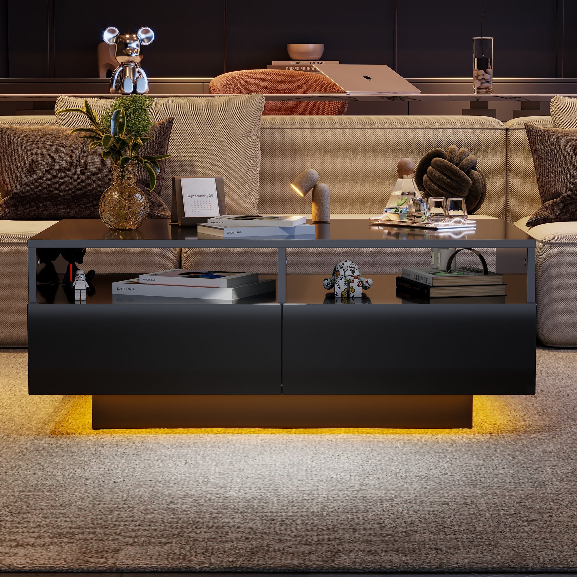 LED Coffee Table with 4 Drawers, Modern Center Table with 16 Colors LED Lights, High-Gloss