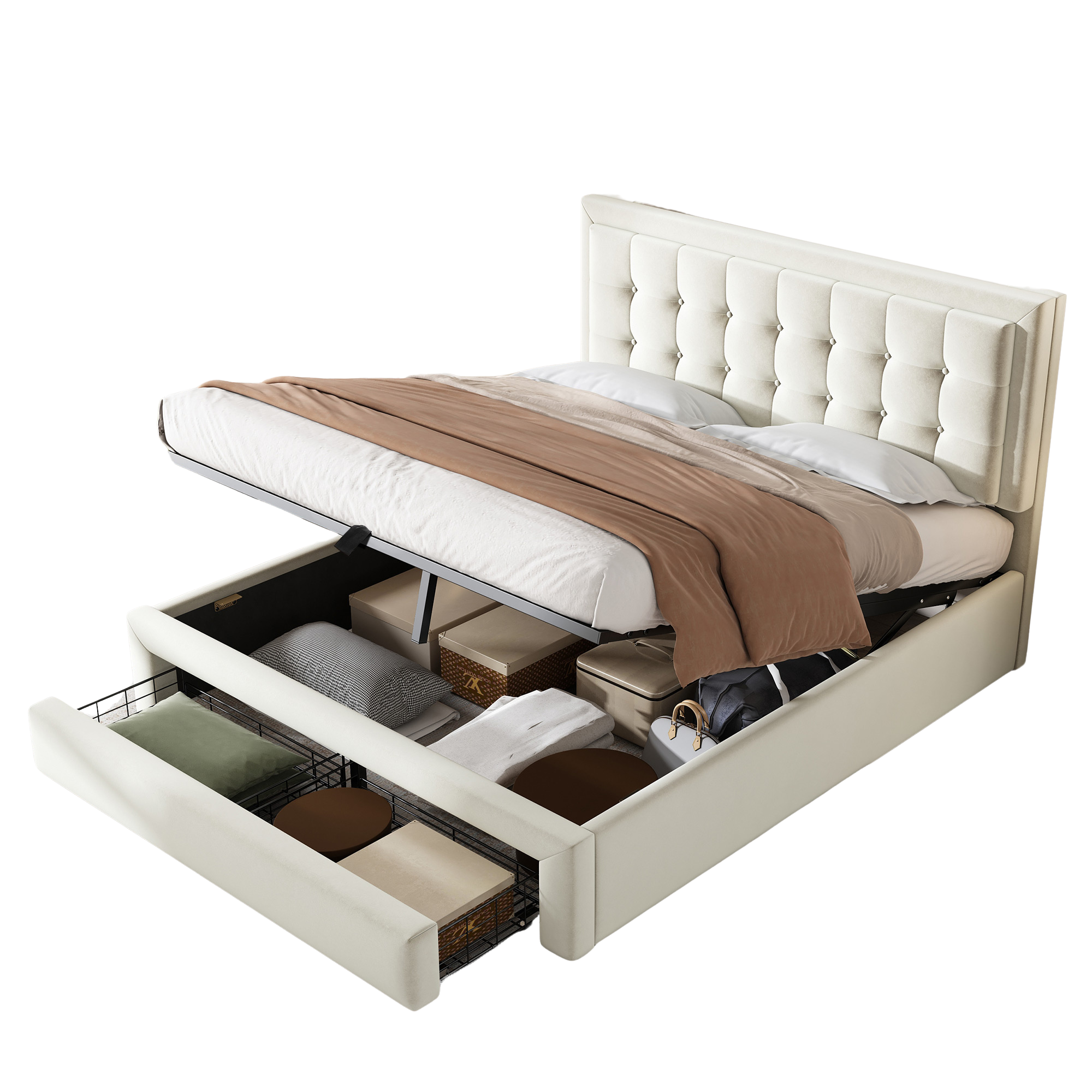 Upholstered Double Bed 140x200cm Hydraulic Storage Headboard 2 Drawers - Velvet Beige