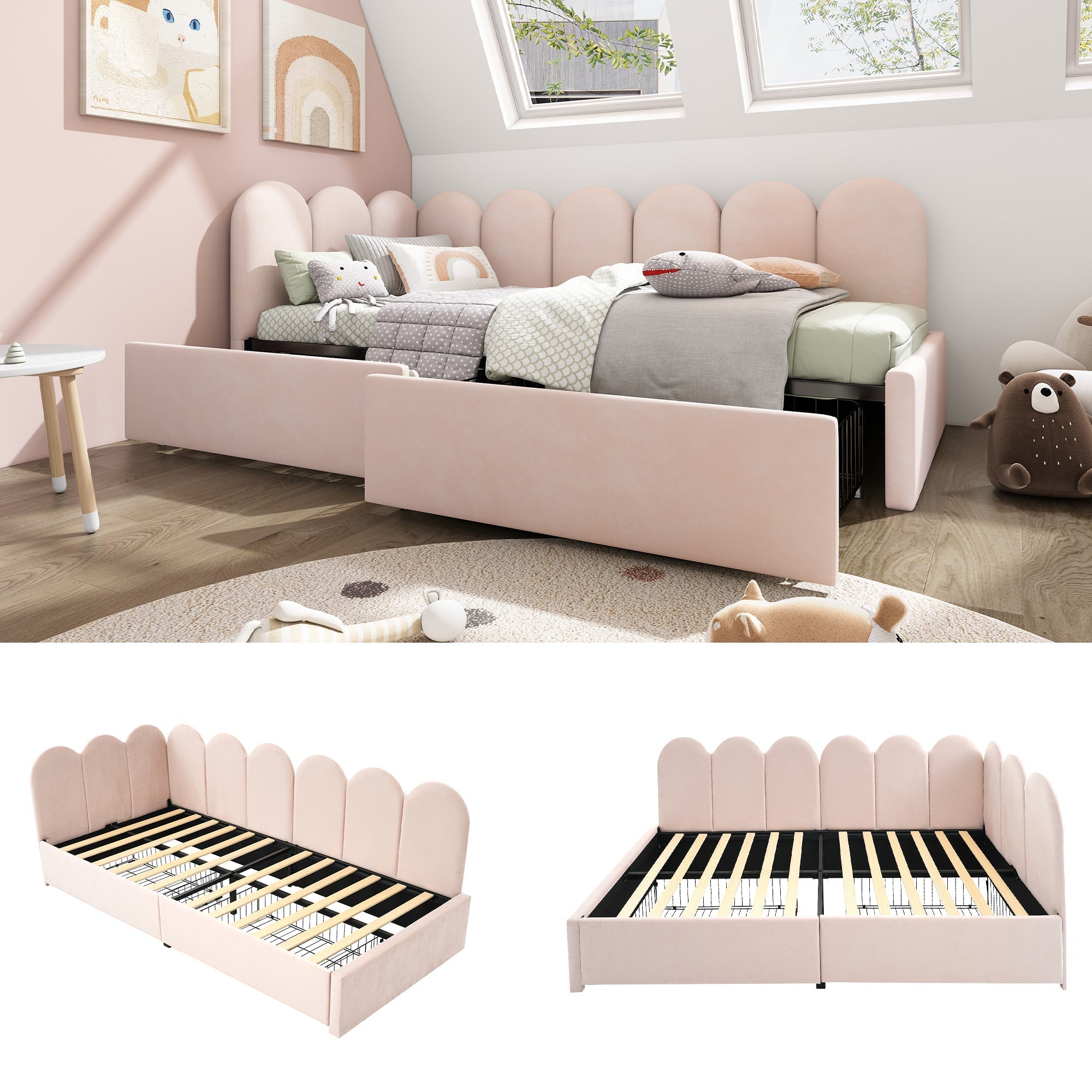 Upholstered Bed Daybed with Drawers Storage, 3FT Single Sofa Bed for Adults and Children, Velvet, Pink