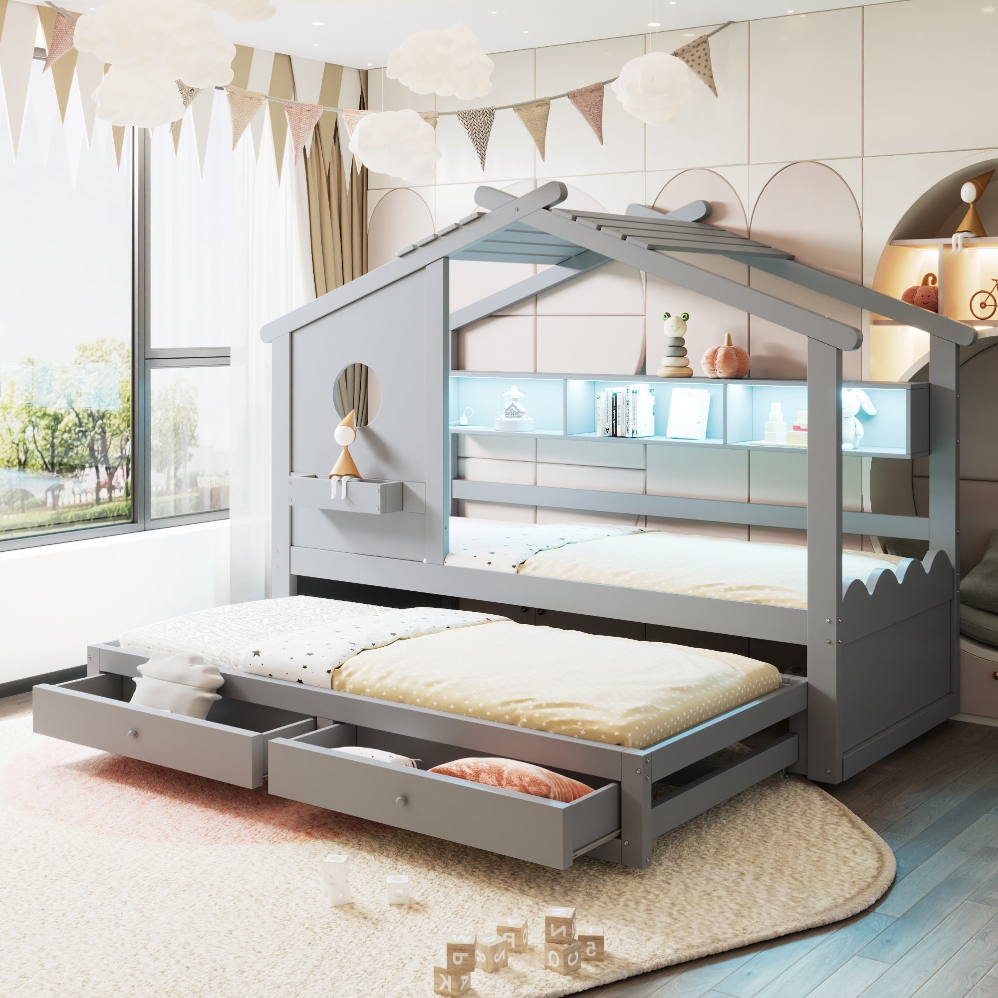 Children's Bed with Pull-out Bed, House Design, Two Drawers, LED and USB, 90x200cm, Grey