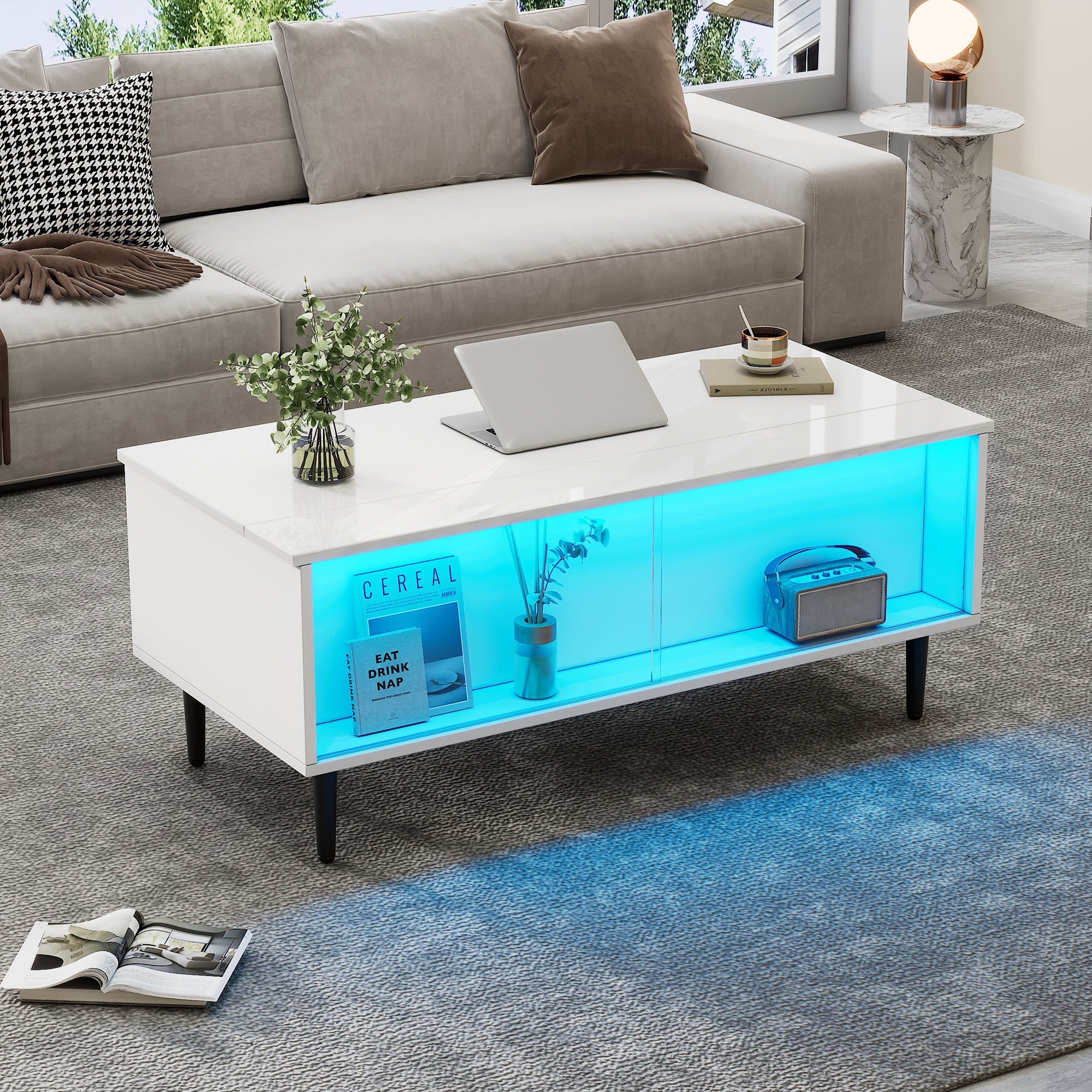 Coffee Table, Height-Adjustable with Hidden Storage & LED Light, White Tempered Glass
