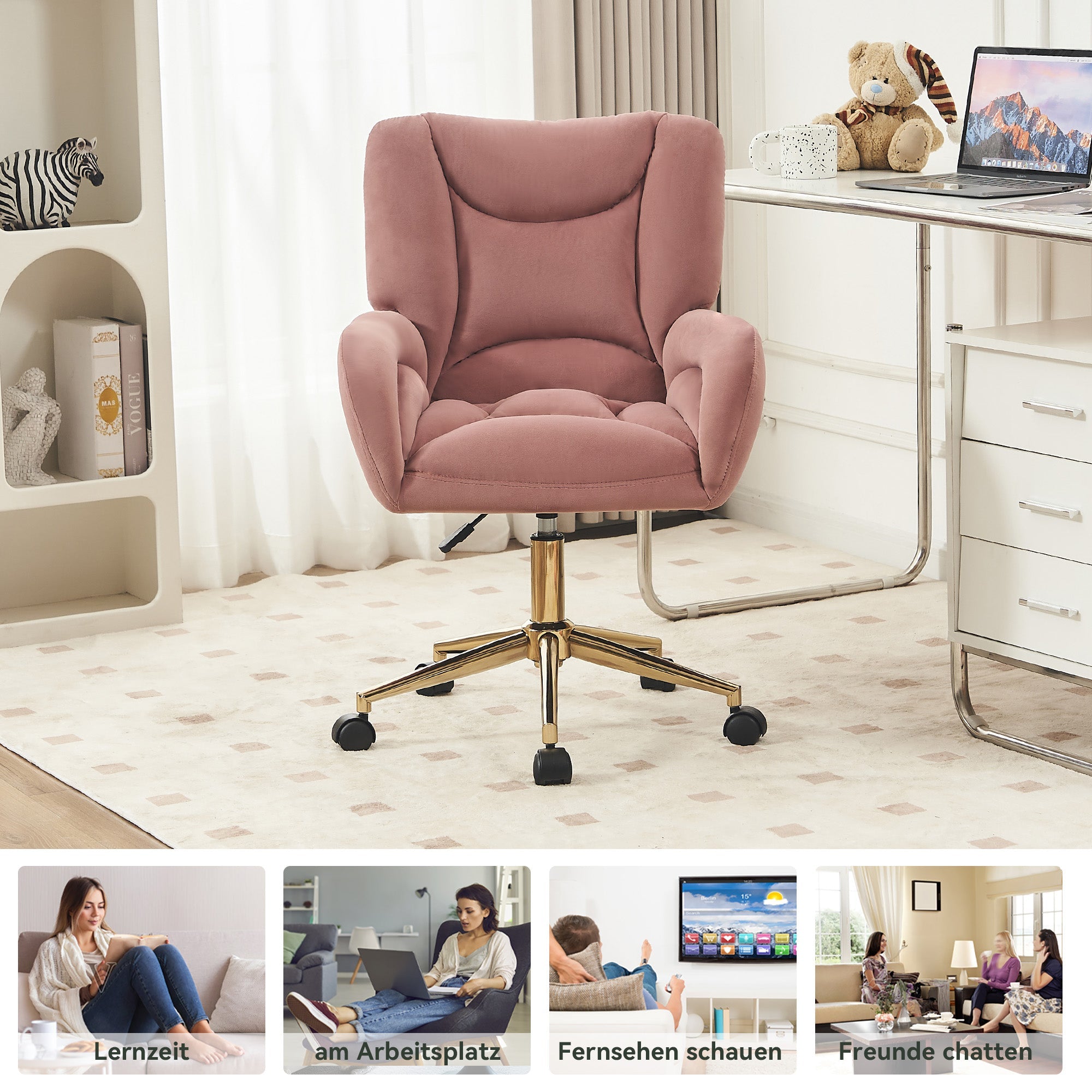 005 Swivel Chair Height-Adjustable Home Office Gold Legs, Velvet Pink