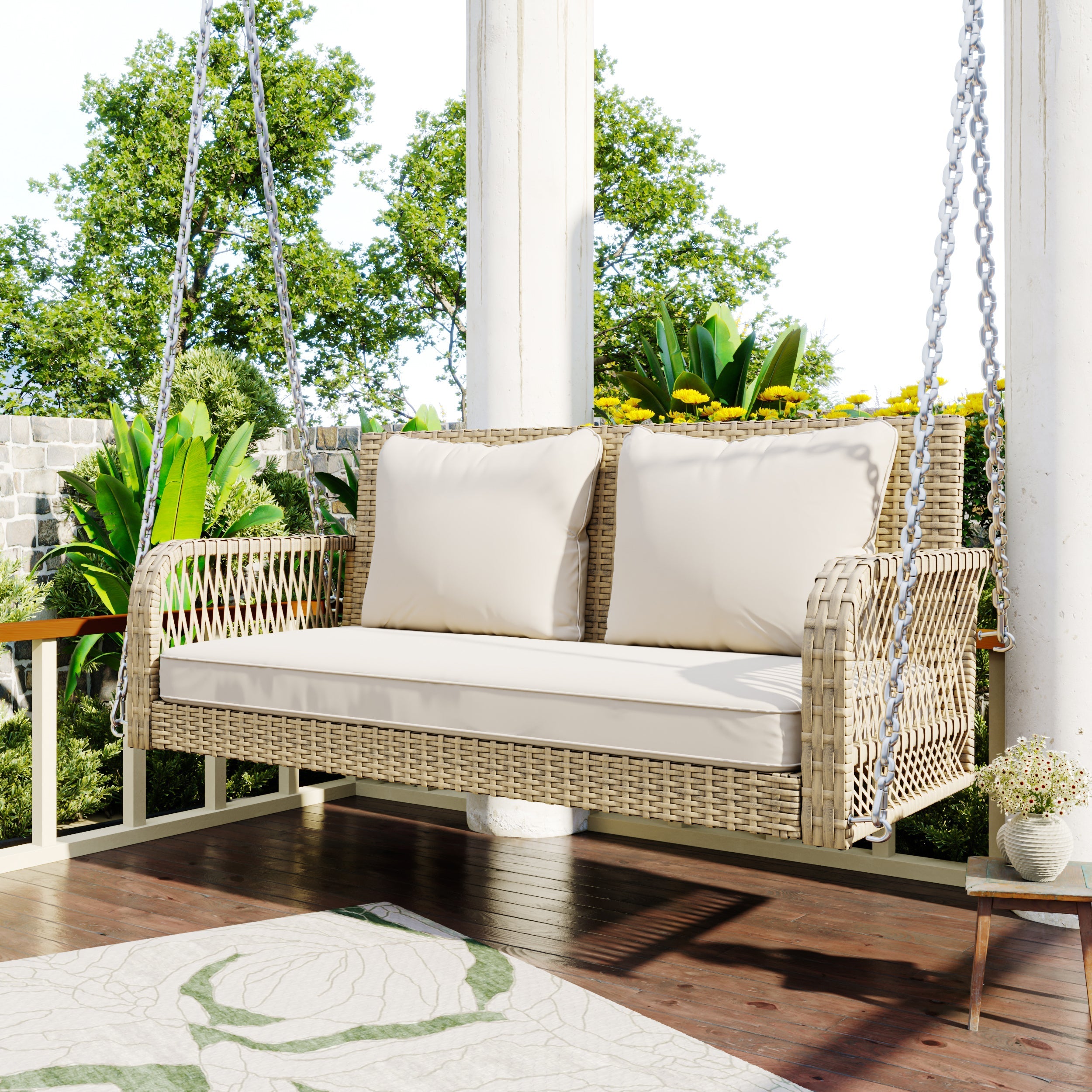 Hollywood Swing Garden Set 2-Seater Outdoor Rattan with Removable Cushions, Beige