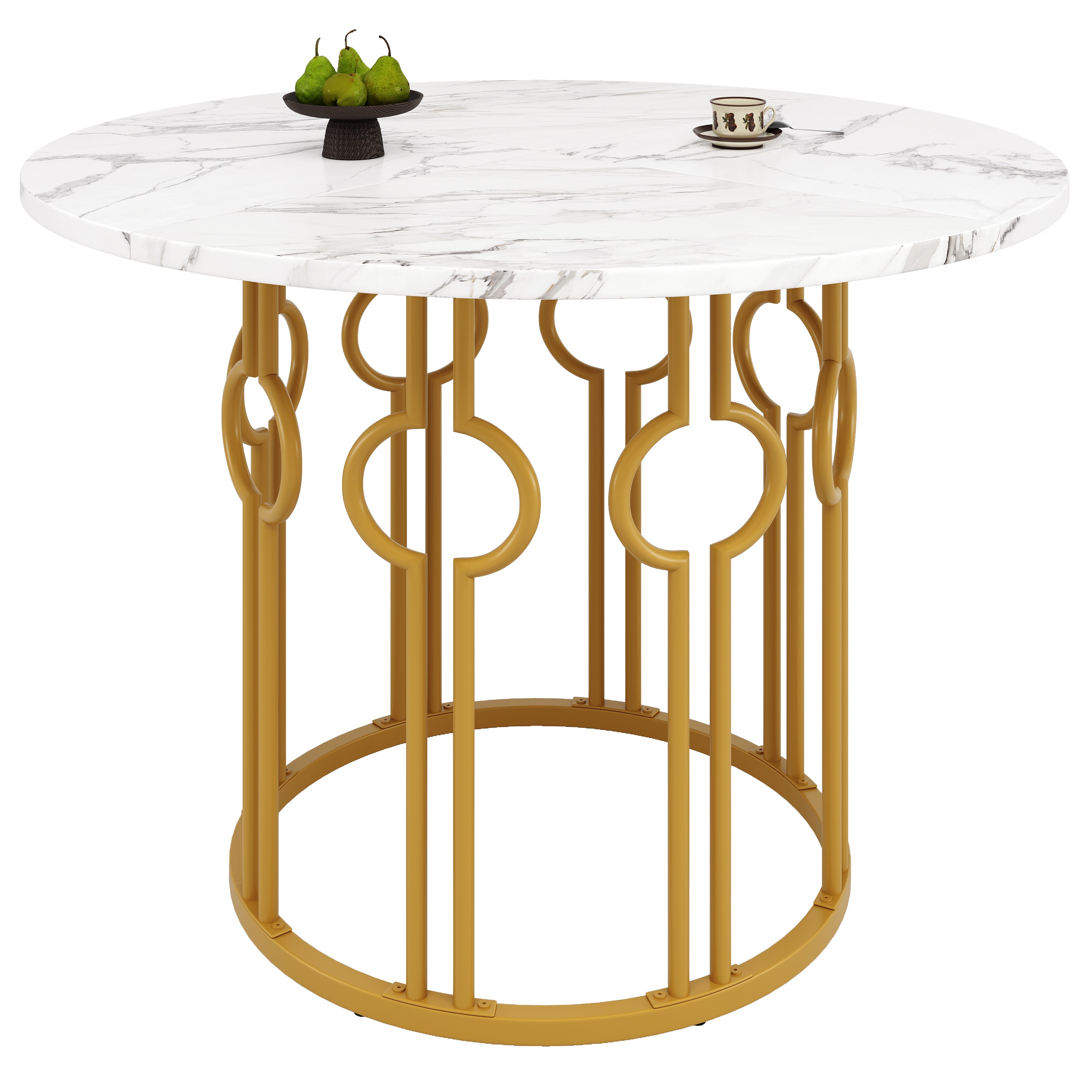 Runder Esstisch, 100x100x76cm, Couchtisch für 4, Marmorierte MDF-Platte, goldene Metallbeine