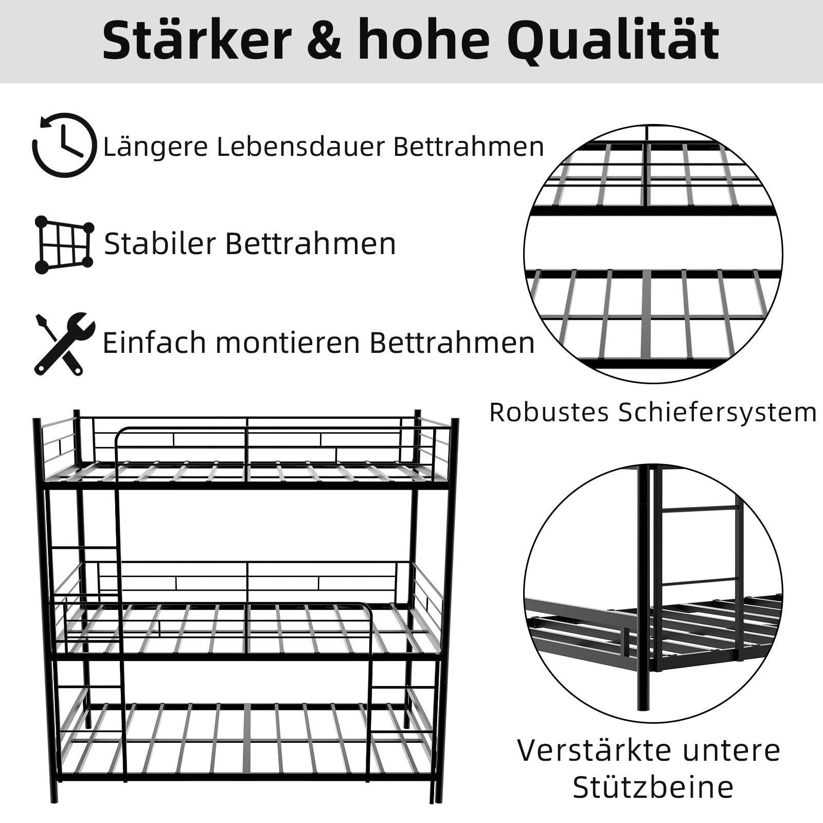 Triple Frame Bed, Heavy-Duty with Ladder & Railing, Easy Assembly, Metal
