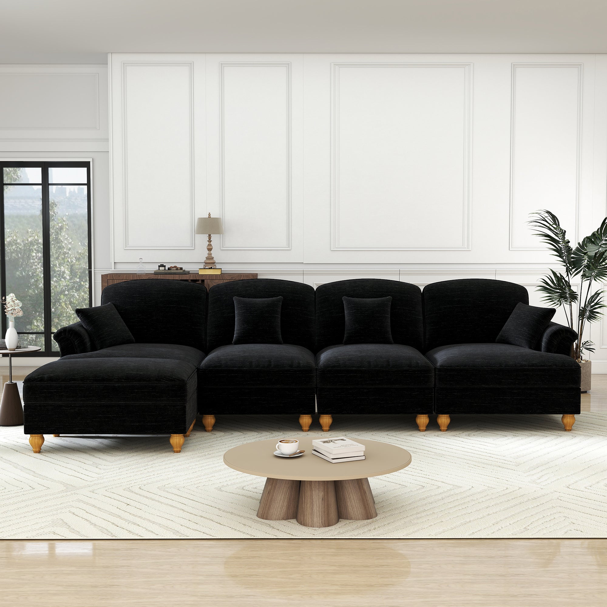Classic L-Shaped Modular Sofa 4-Seater Movable Ottoman - Chenille Black