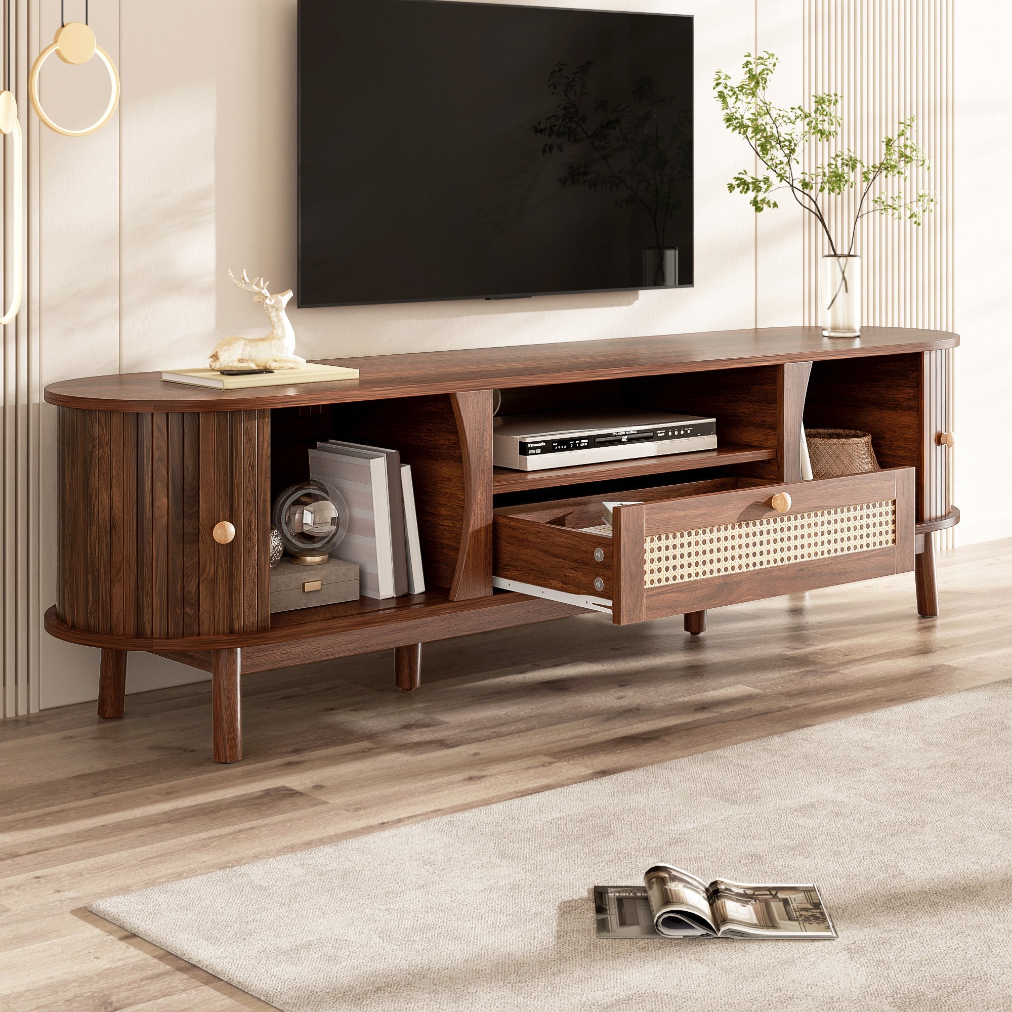 TV Cabinet with Doors and Drawers, Low Storage Solution, Rattan/Solid Wood