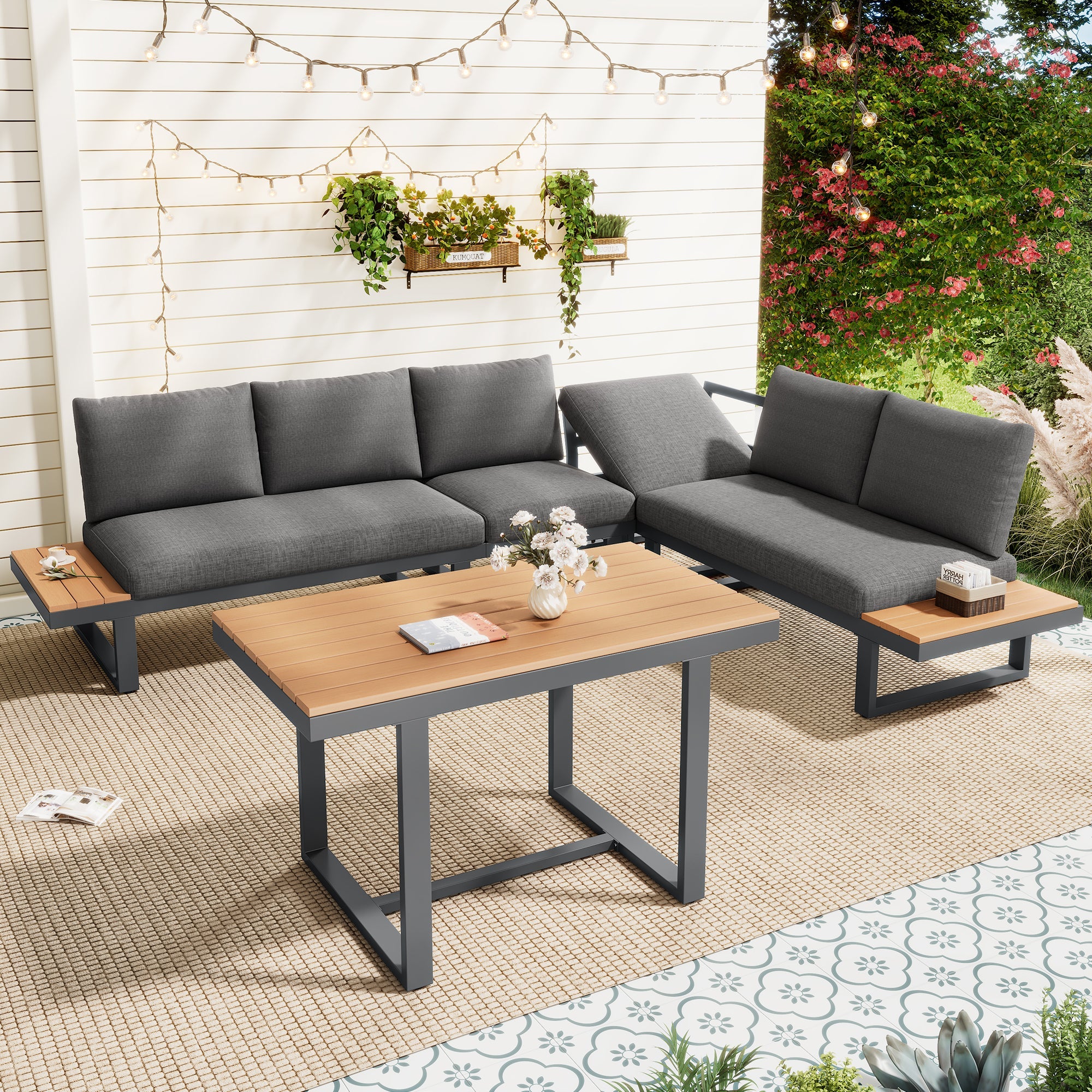 Garden Dining Set with Adjustable Tilt Function and Corner Configuration, Grey and Black