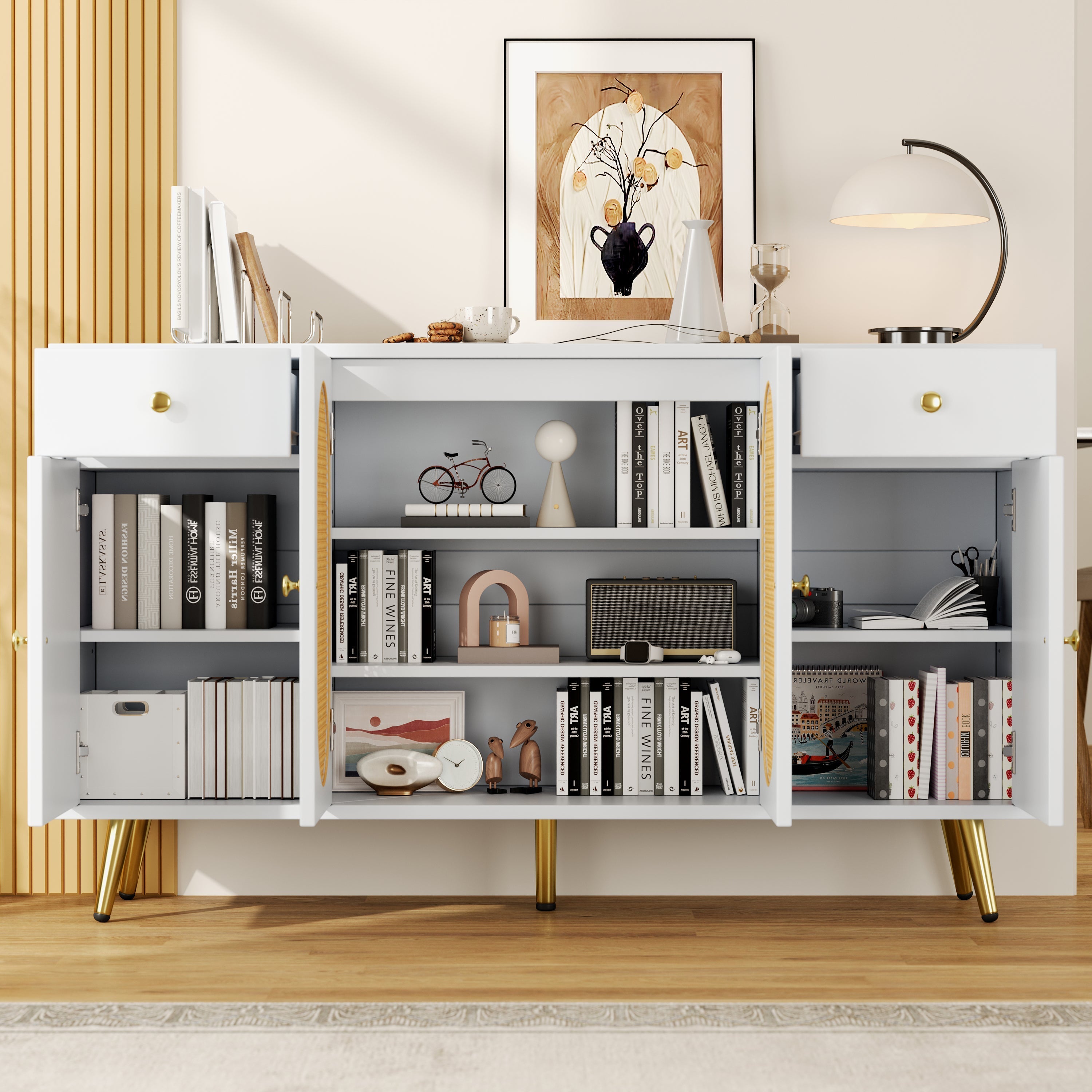 Chest of Drawers Sideboard 2 Drawers 4 Doors Adjustable Shelves White/Natural