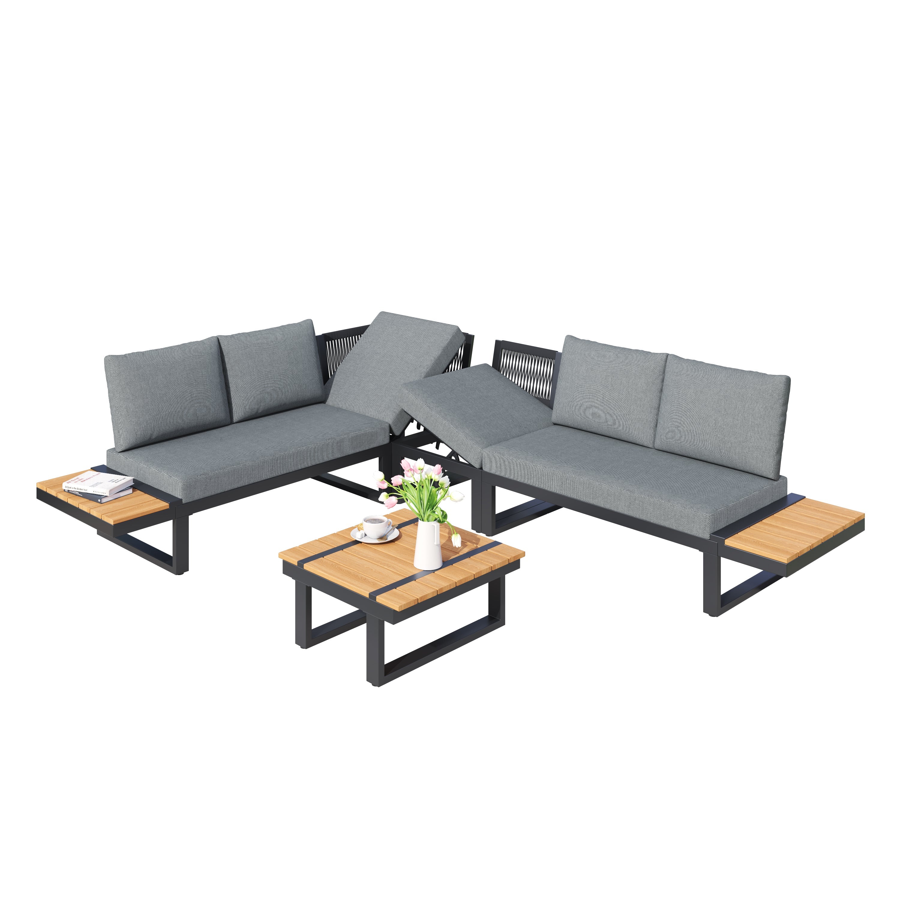Garden Furniture Set with 2 Reclining Beds and Coffee Table, Grey