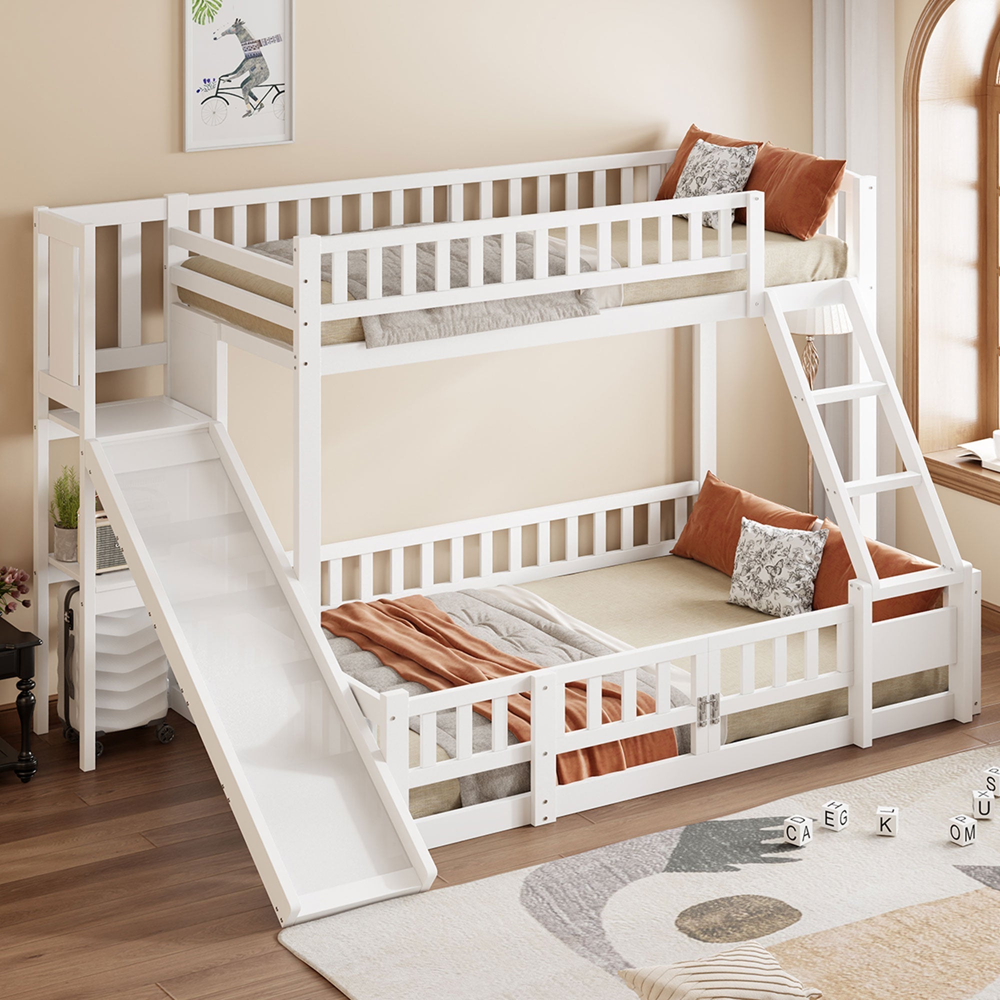 Bunk Bed 90/140x200cm Slide Steps Storage Shelves - White Pine Wood