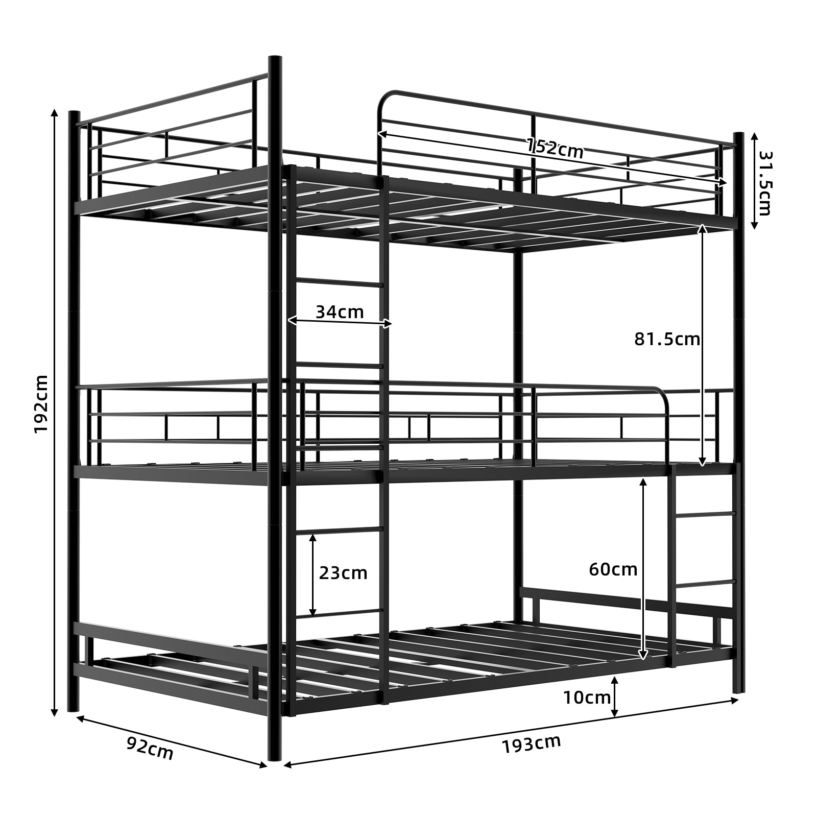 Triple Frame Bed, Heavy-Duty with Ladder & Railing, Easy Assembly, Metal
