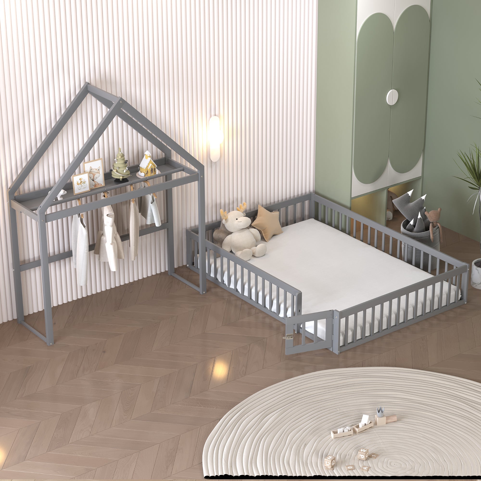 Children's Bed, 140x200 Solid Wood with Storage, Full Safety Gate & Slatted Frame, Grey