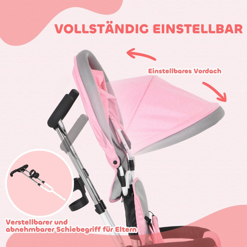 6-in-1 children's tricycle with push bar, canopy, belt, storage basket, for ages 1-5, pink