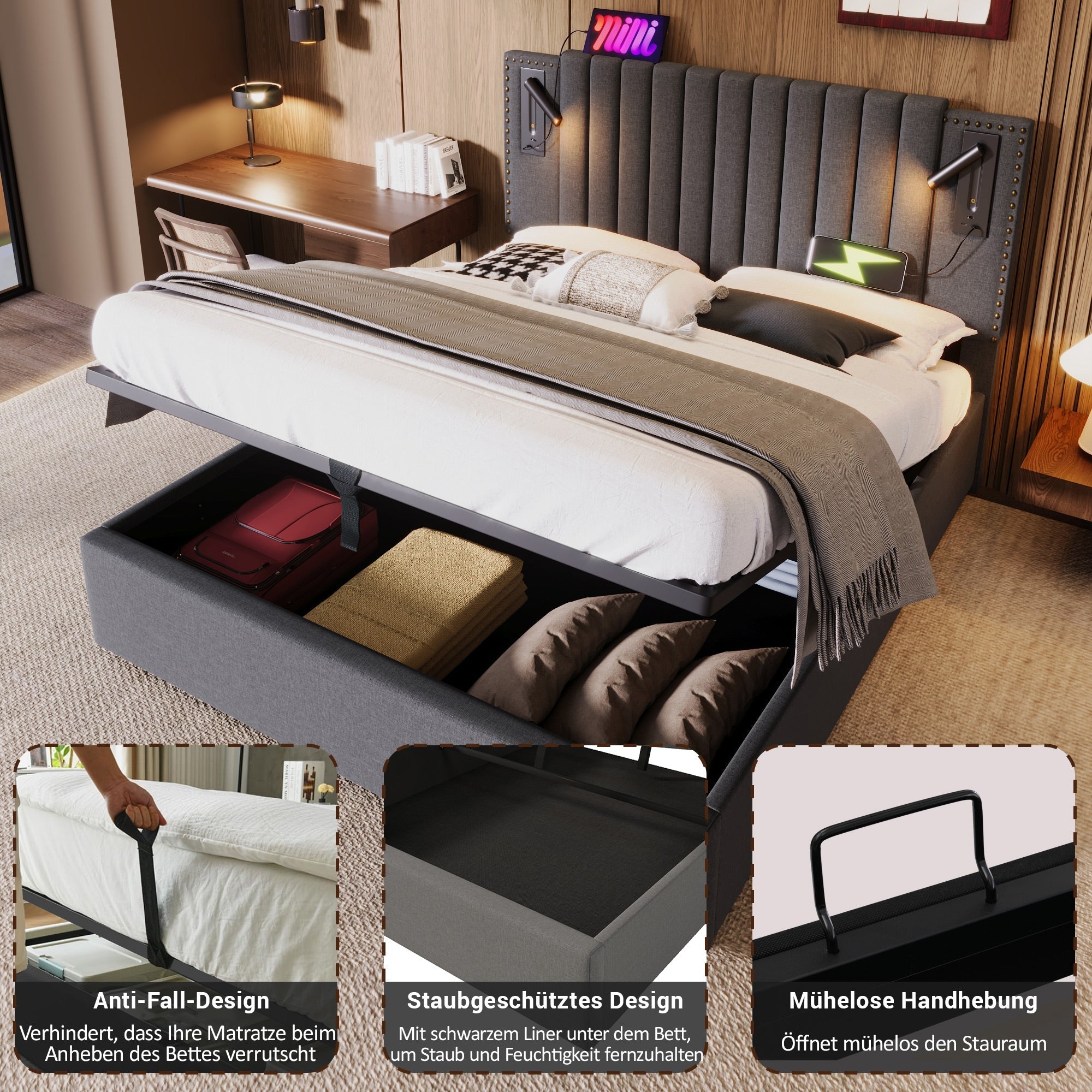 Upholstered Bed 180x200 Double Storage USB Reading Light Studded Headboard Cotton Grey