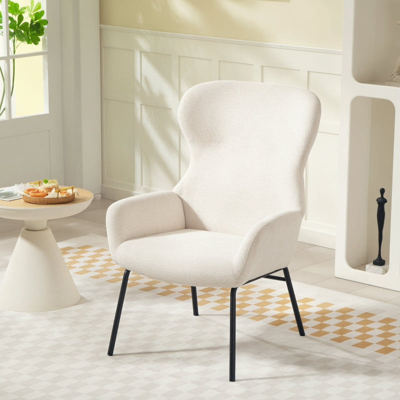 Upholstered Wingback Chair High Back Thick Padding Steel Legs Cream White